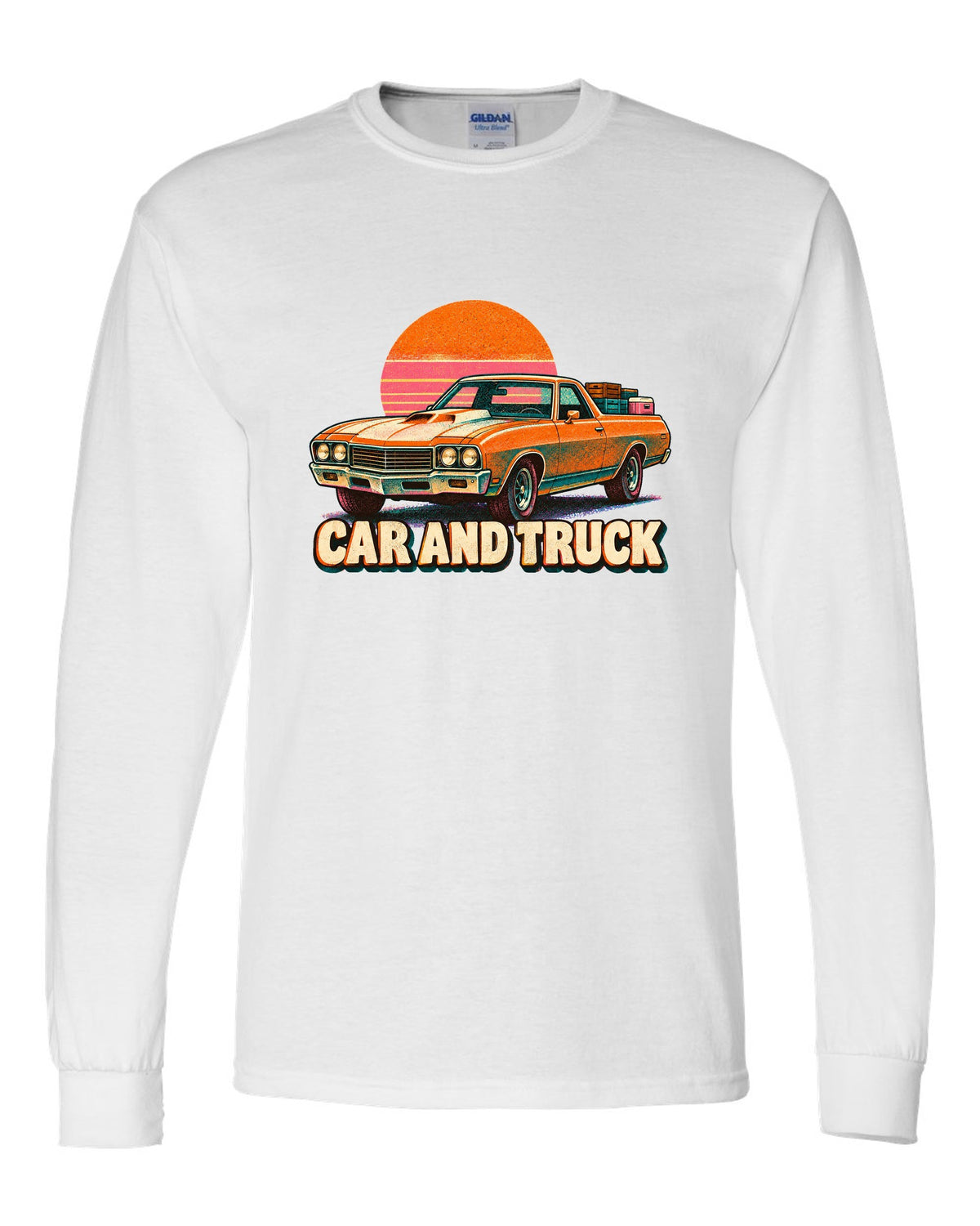 1970 Chevrolet El Camino SS 454 risograph spot-colour print reading Car and Truck white long sleeve front view with the design