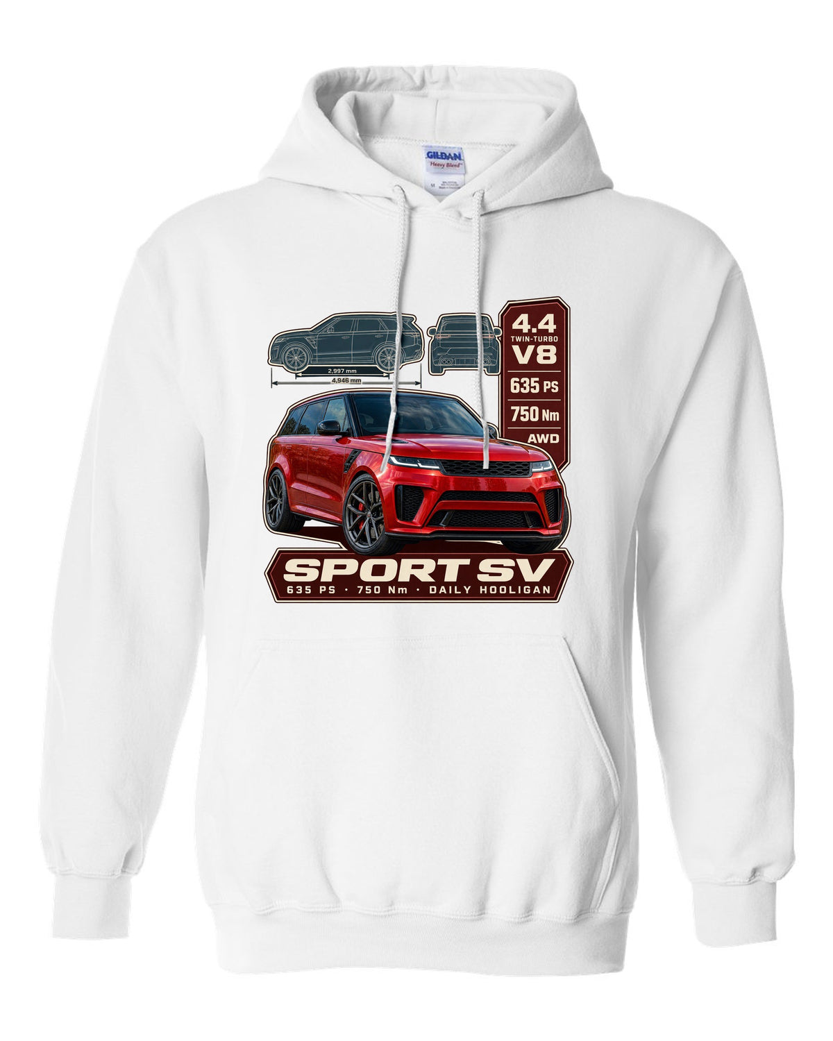 Spec poster print of the Range Rover Sport SV L461 with power and torque white pull over hoodie front view with the design