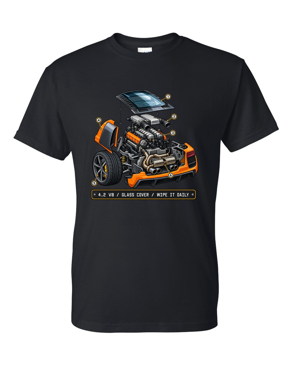 Isometric exploded view print of the Audi R8 Type 42 4.2 V8 with glass cover black t-shirt front view with the design