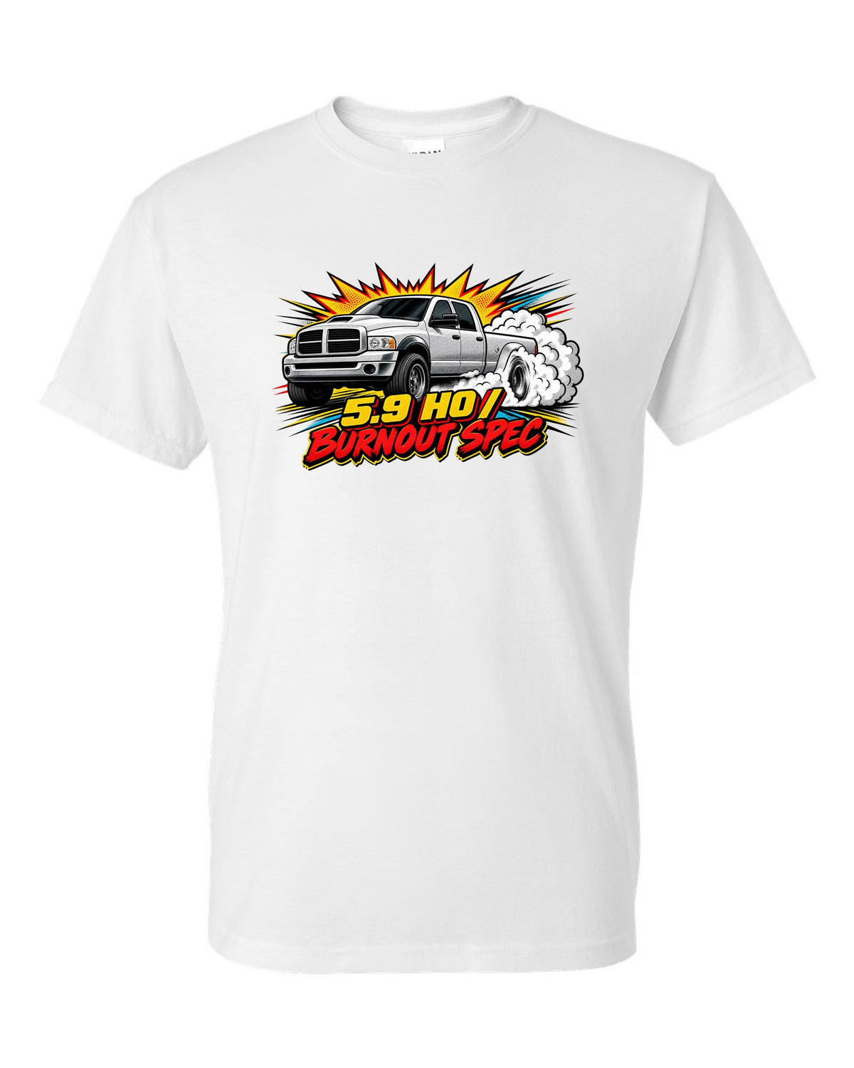 Comic halftone pop-art of a 2003-2009 Dodge Ram 3rd gen 5.9 HO with the words Burnout Spec white t-shirt front view with the design