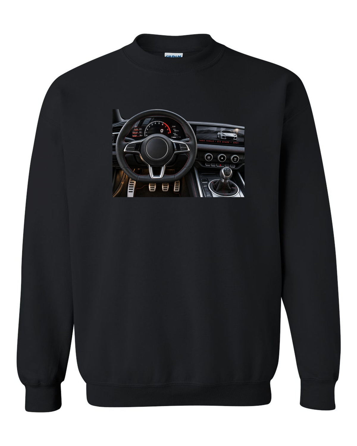 BMW G80 M3 cockpit gauge print with three pedals six gears lettering black crewneck front view with the design