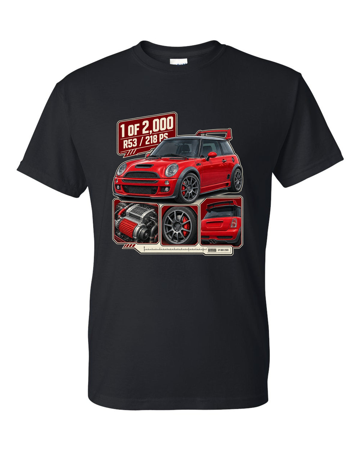 Dossier panel print for the Mini Cooper S Works GP R53 2006 showing 1 of 2,000 black t-shirt front view with the design