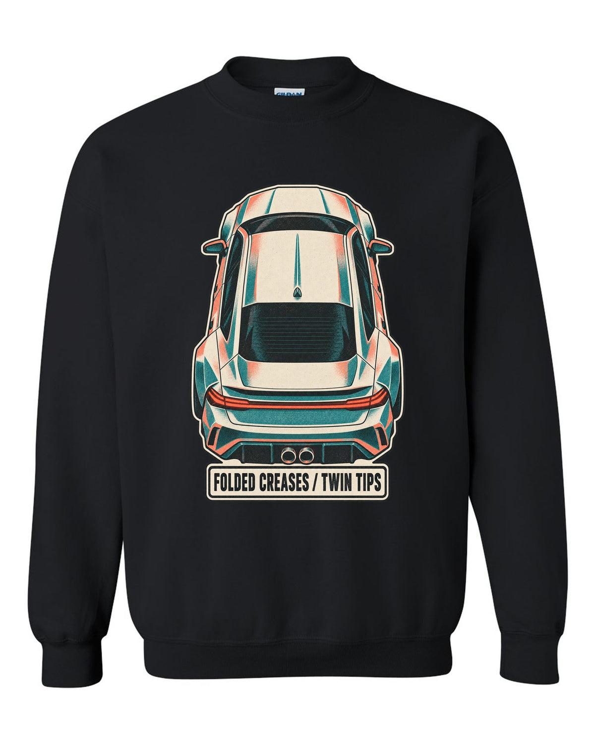Risograph duotone top-down print of a Hyundai Elantra N CN7 with folded creases and twin tips text black crewneck front view with the design
