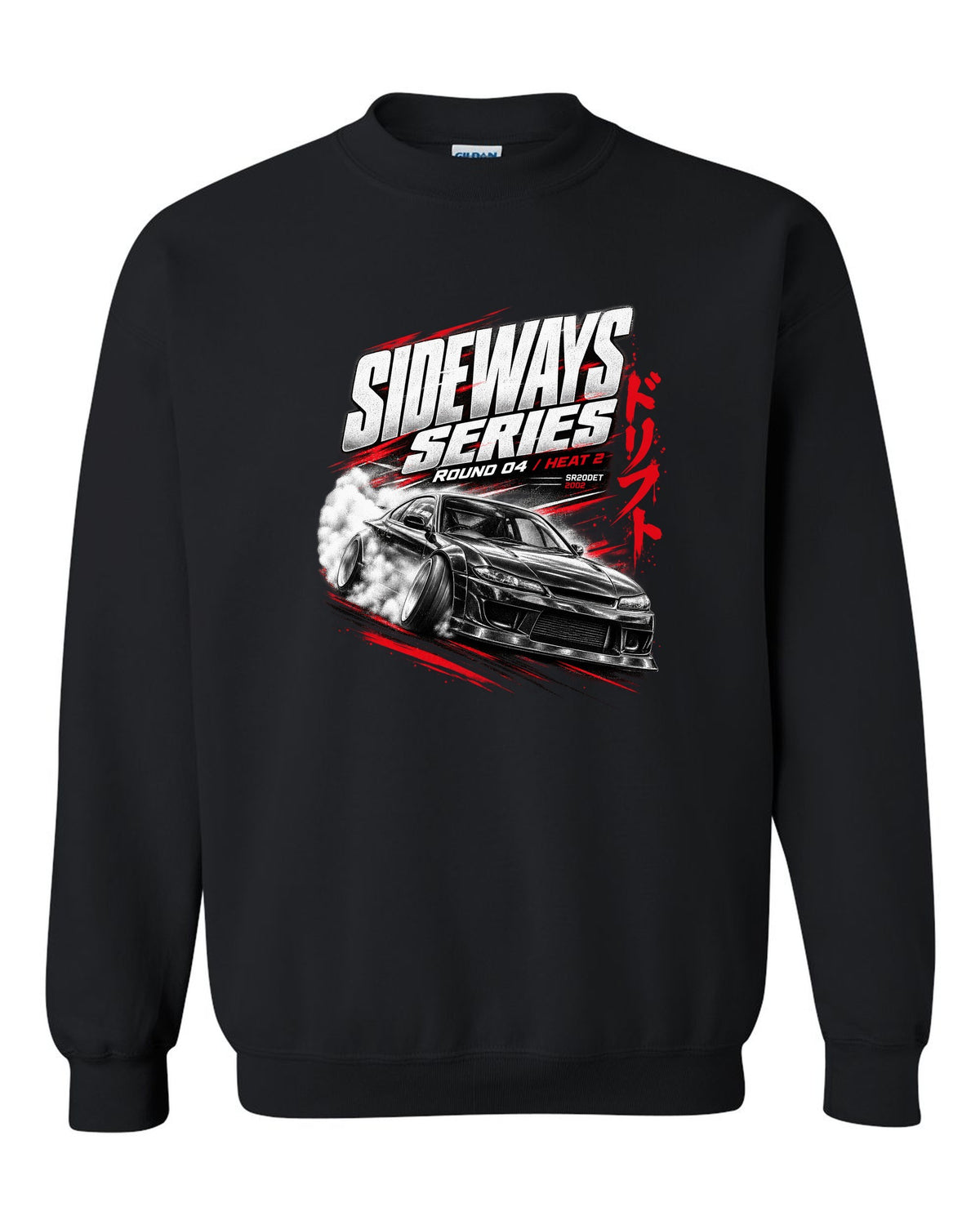 Race poster print of a Nissan Silvia S15 with Sideways Series Round 04 lettering black crewneck front view with the design