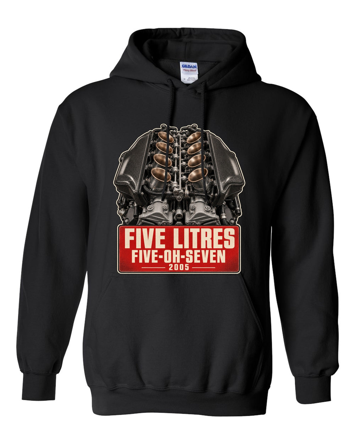 BMW M5 E60 S85 V10 engine poster-style print black pull over hoodie front view with the design