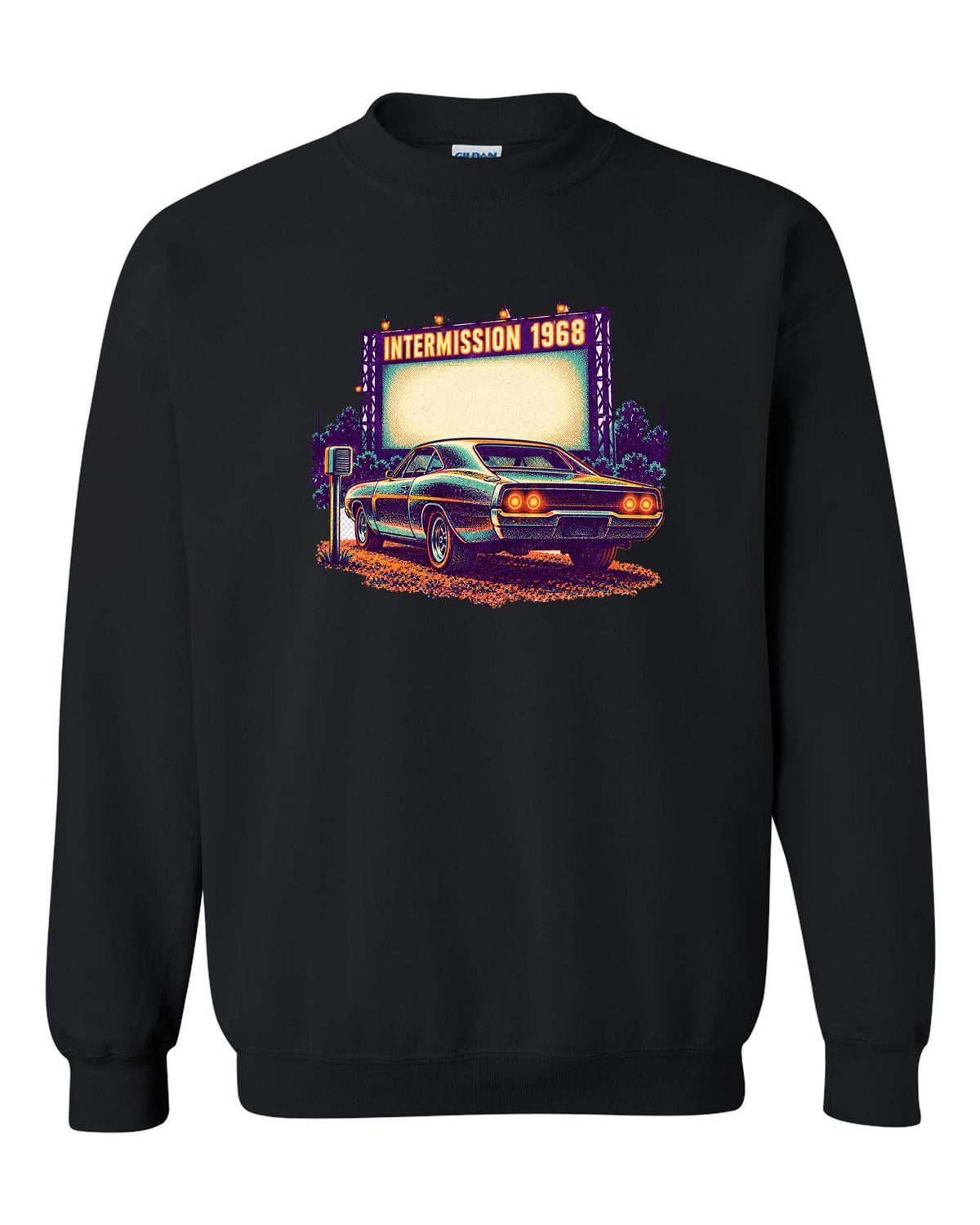 Risograph spot colour drive-in scene with a 1968 Dodge Charger R/T and INTERMISSION text black crewneck front view with the design