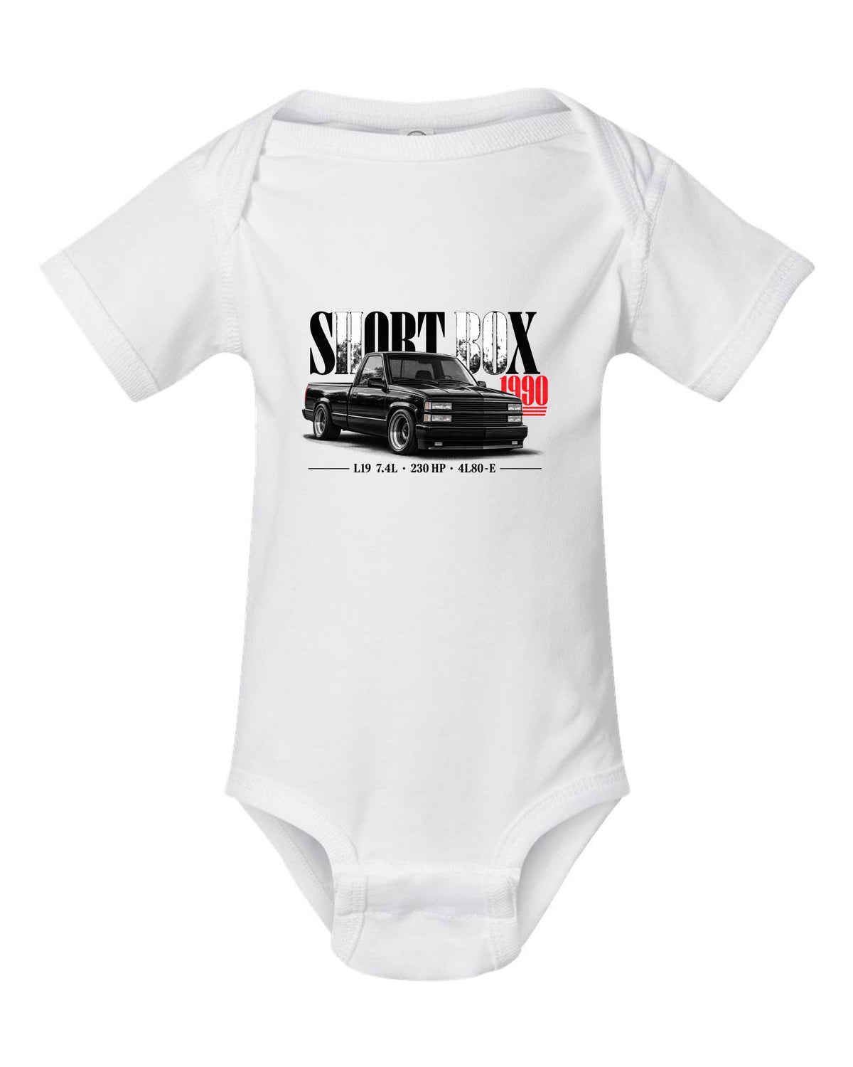 1990 Chevy 454 SS short box pickup editorial print white baby onesie front view with the design