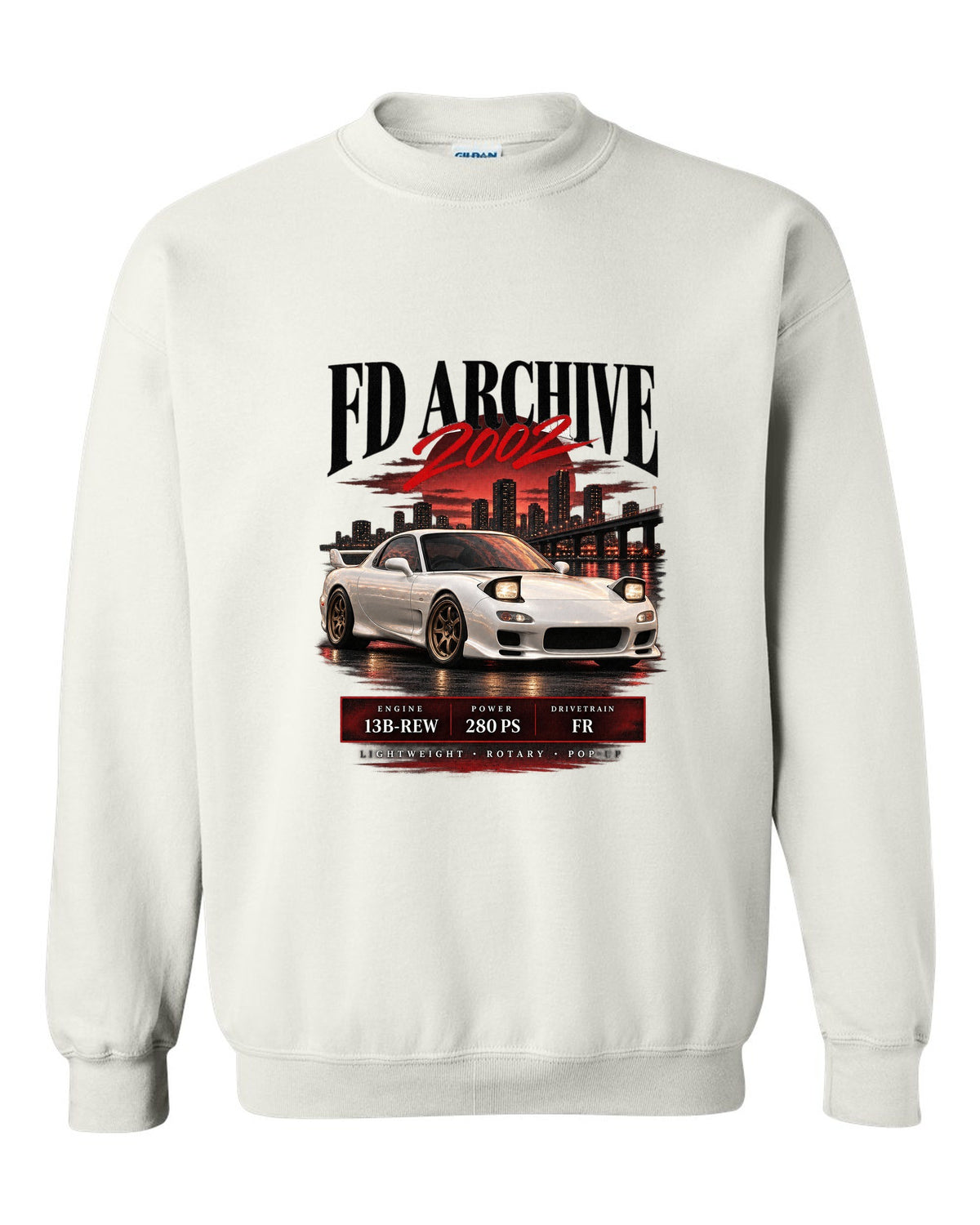 Archive panel print of the Mazda RX-7 FD3S Spirit R 2002 with spec lettering white crewneck front view with the design