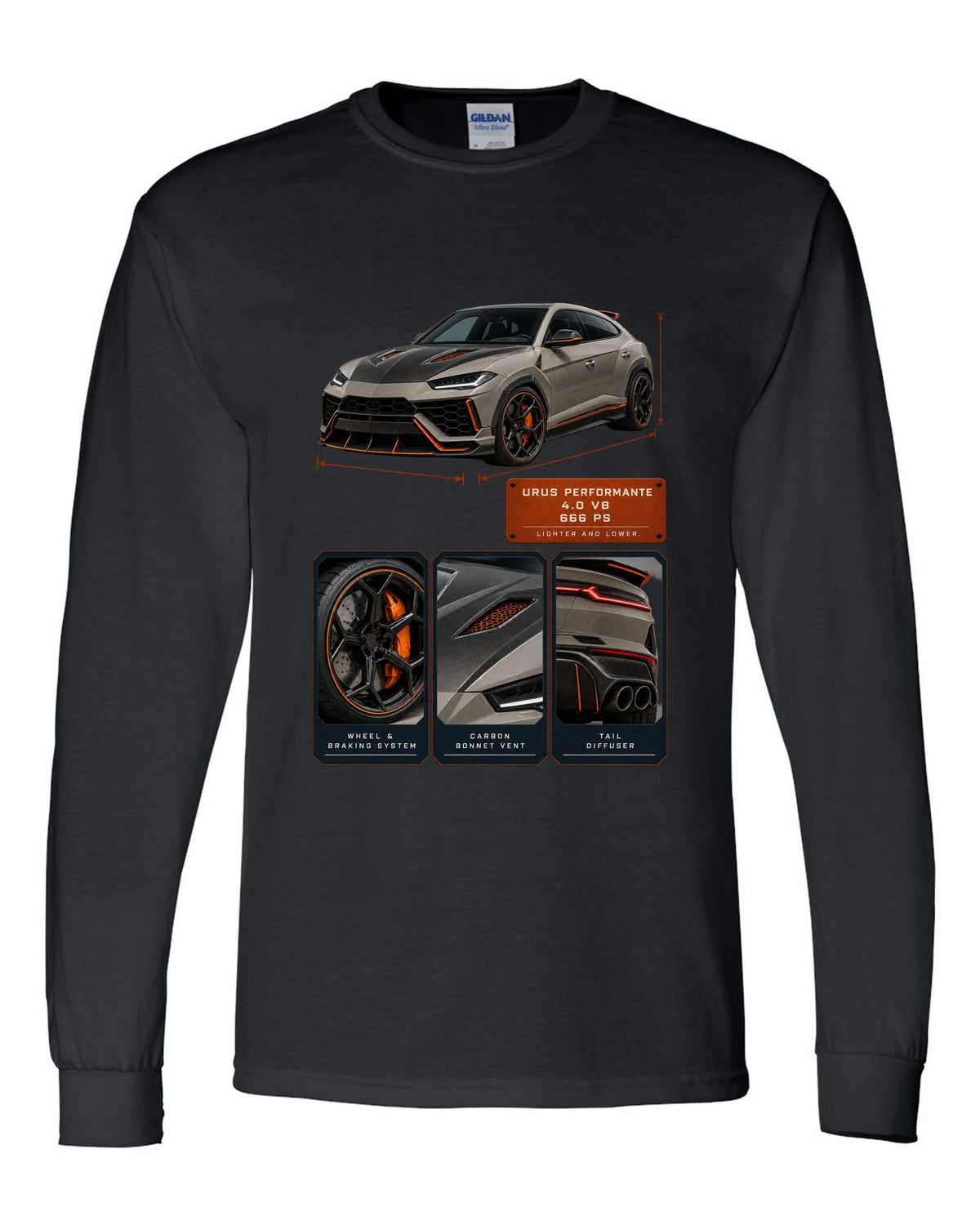 Dossier panel print of the Lamborghini Urus Performante black long sleeve front view with the design