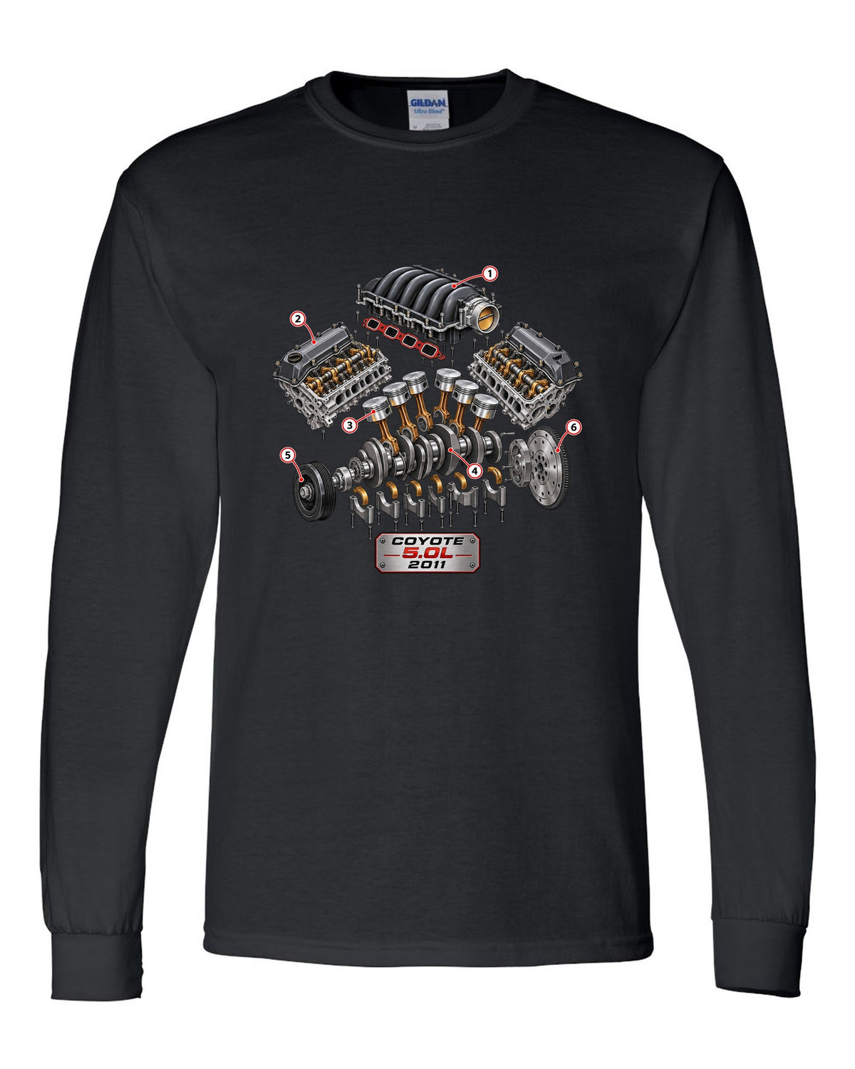 Isometric exploded cutaway of a Ford Coyote 5.0L engine for the S197 Mustang black long sleeve front view with the design