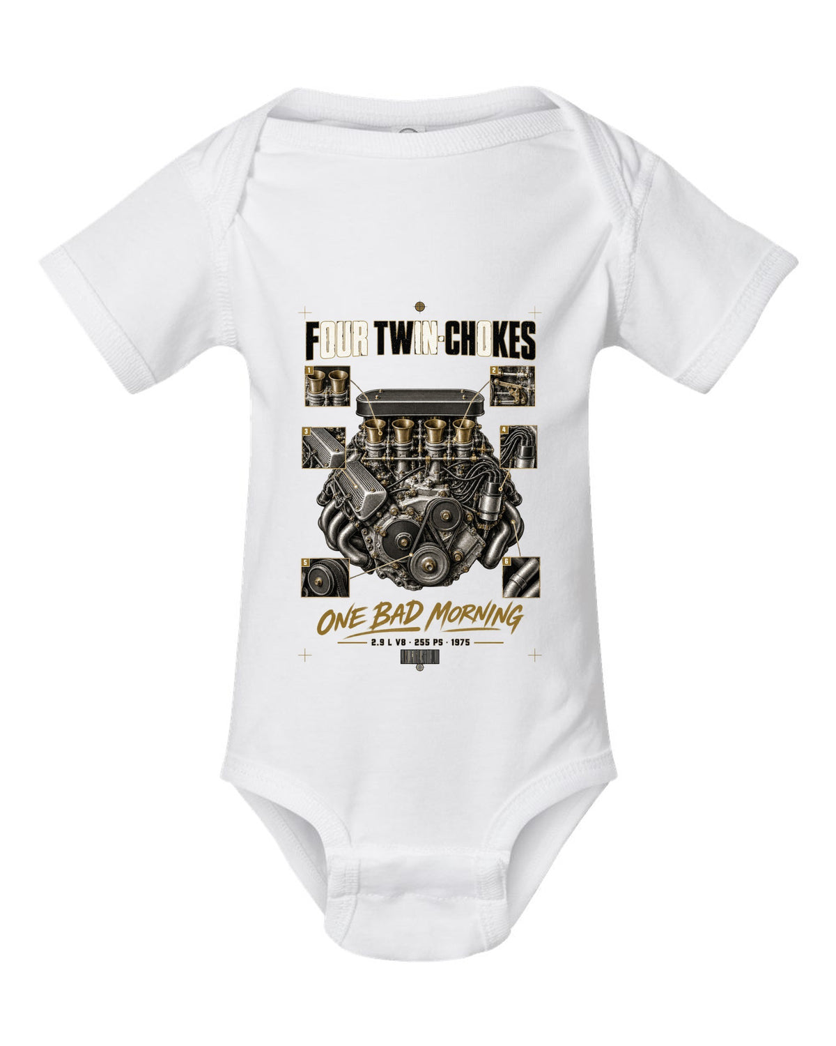 Ferrari 308 GTB 1975 engine print, four twin-choke carbs, 2.9 L V8, 255 PS white baby onesie front view with the design