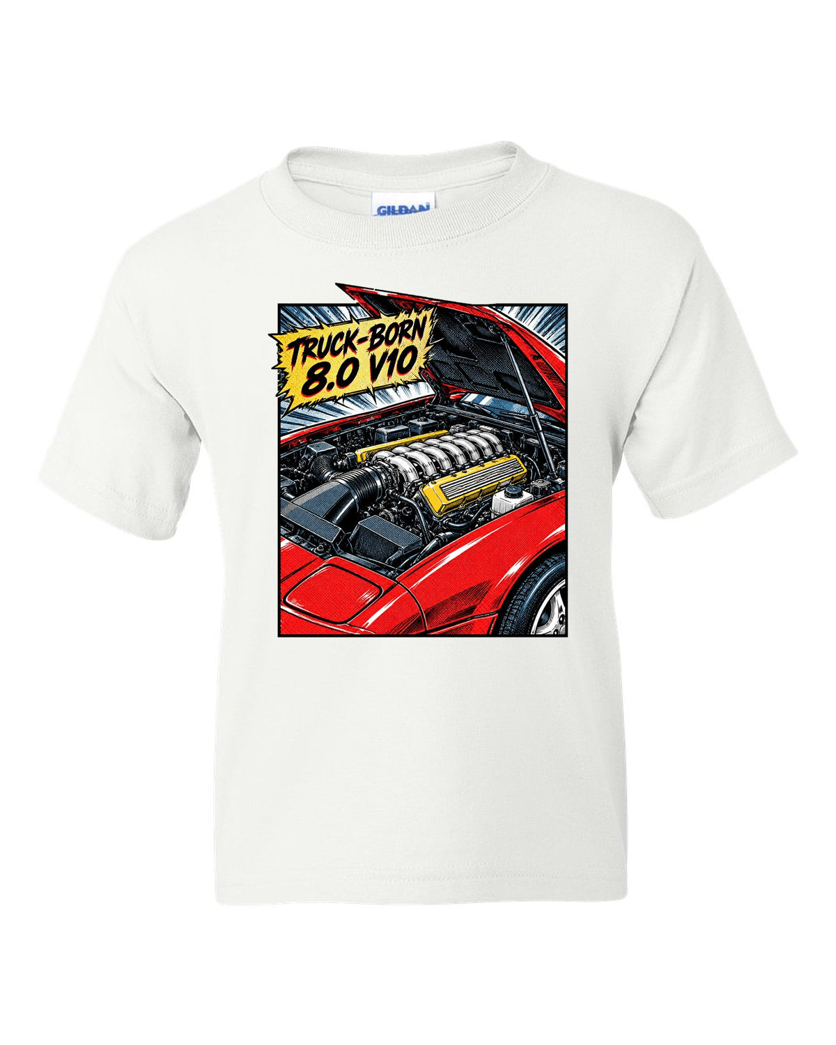 Retro manga halftone panel of a 1993 Dodge Viper RT/10 SR I with 8.0 V10 caption white kids tee front view with the design