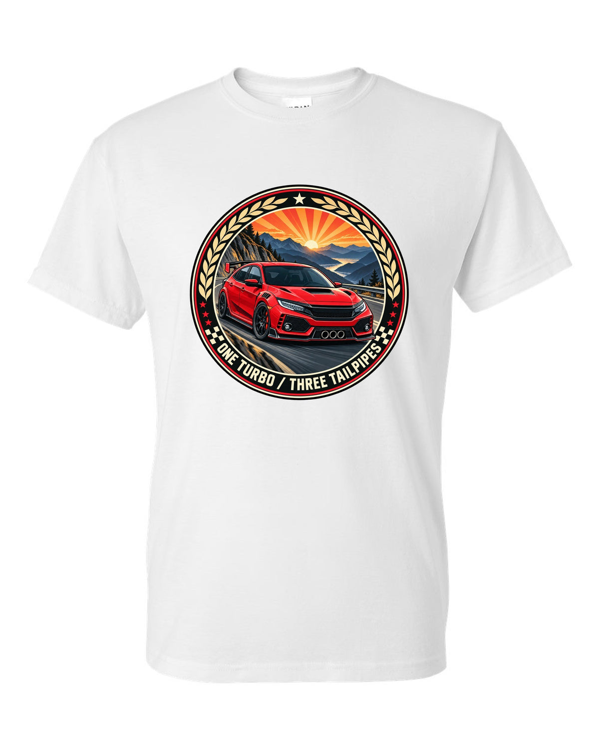 Original crest layout print for the Honda Civic Type R FK8 with one turbo three tailpipes text white t-shirt front view with the design