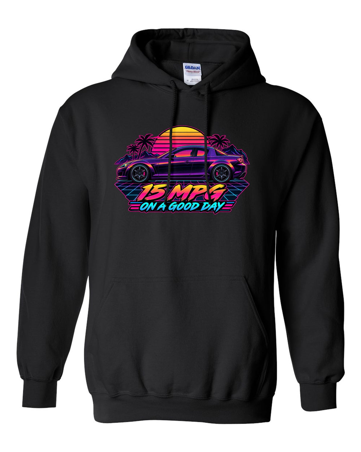Sticker-bomb collage design for the Mazda RX-8 SE3P with CHECK OIL EVERY FILL-UP lettering black pull over hoodie front view with the design