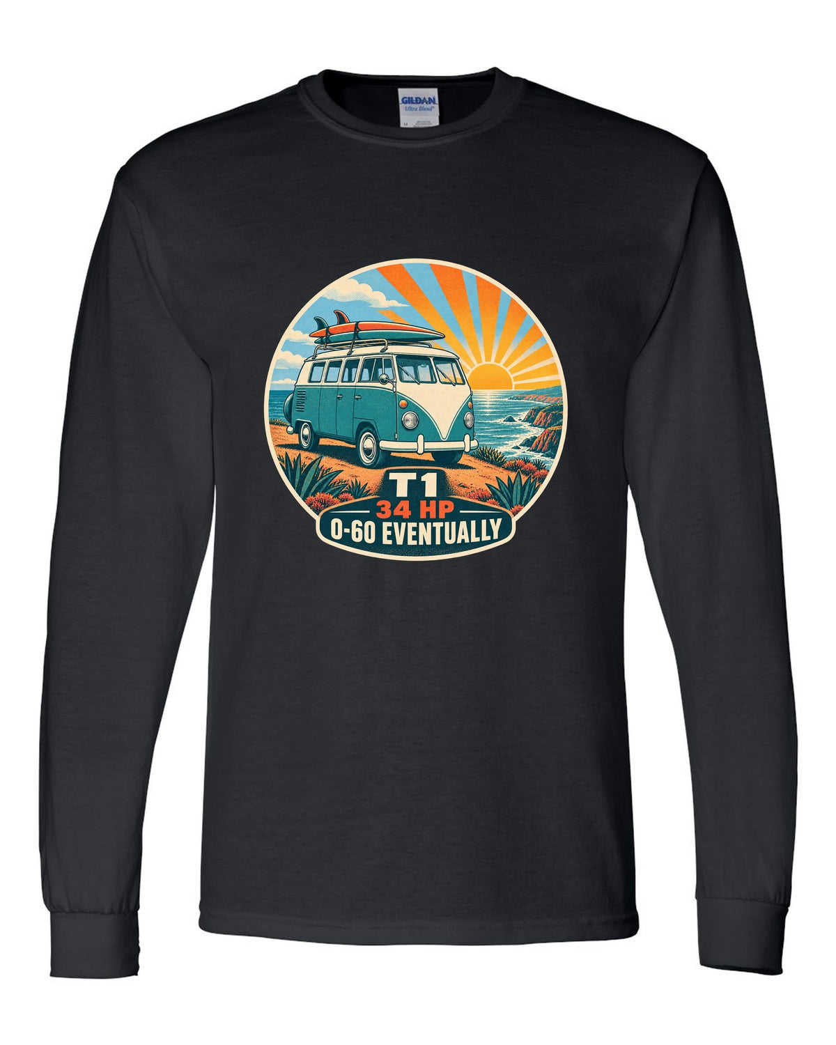 Two-colour silkscreen sunburst print of a 1962 VW Bus T1 split-window with 34 HP lettering black long sleeve front view with the design