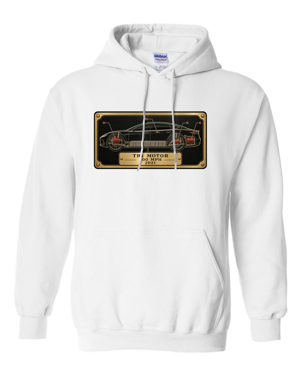 Spec-sheet data plate layout for a 2021 Tesla Model S Plaid with the words Tri Motor 200 MPH 2021 white pull over hoodie front view with the design