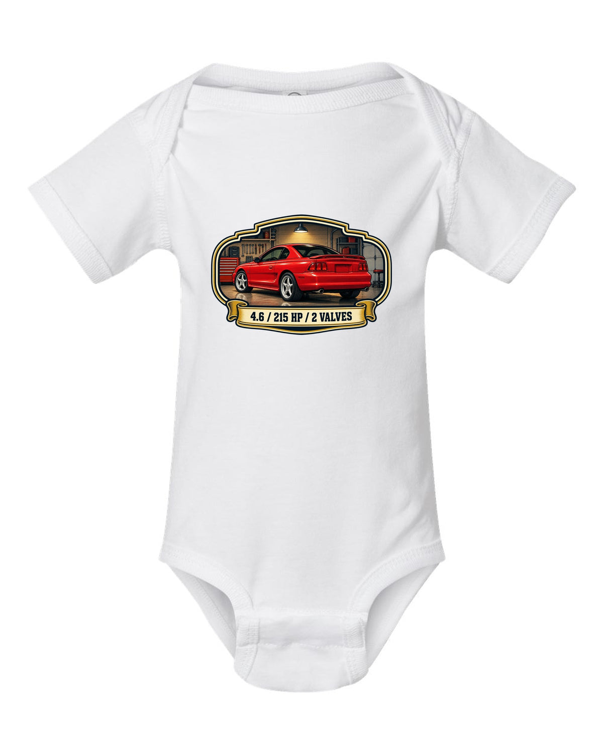 Vintage oil can label design of a 1994-98 SN95 Ford Mustang coupe with 4.6 specs white baby onesie front view with the design