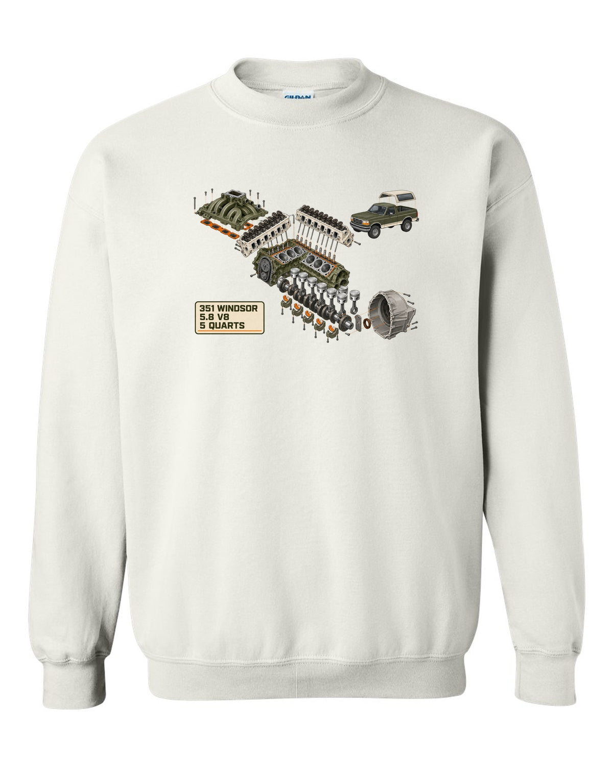 Exploded cutaway diagram of a 1992-96 Ford Bronco OBS engine bay with 351 WINDSOR 5.8 V8 notes white crewneck front view with the design