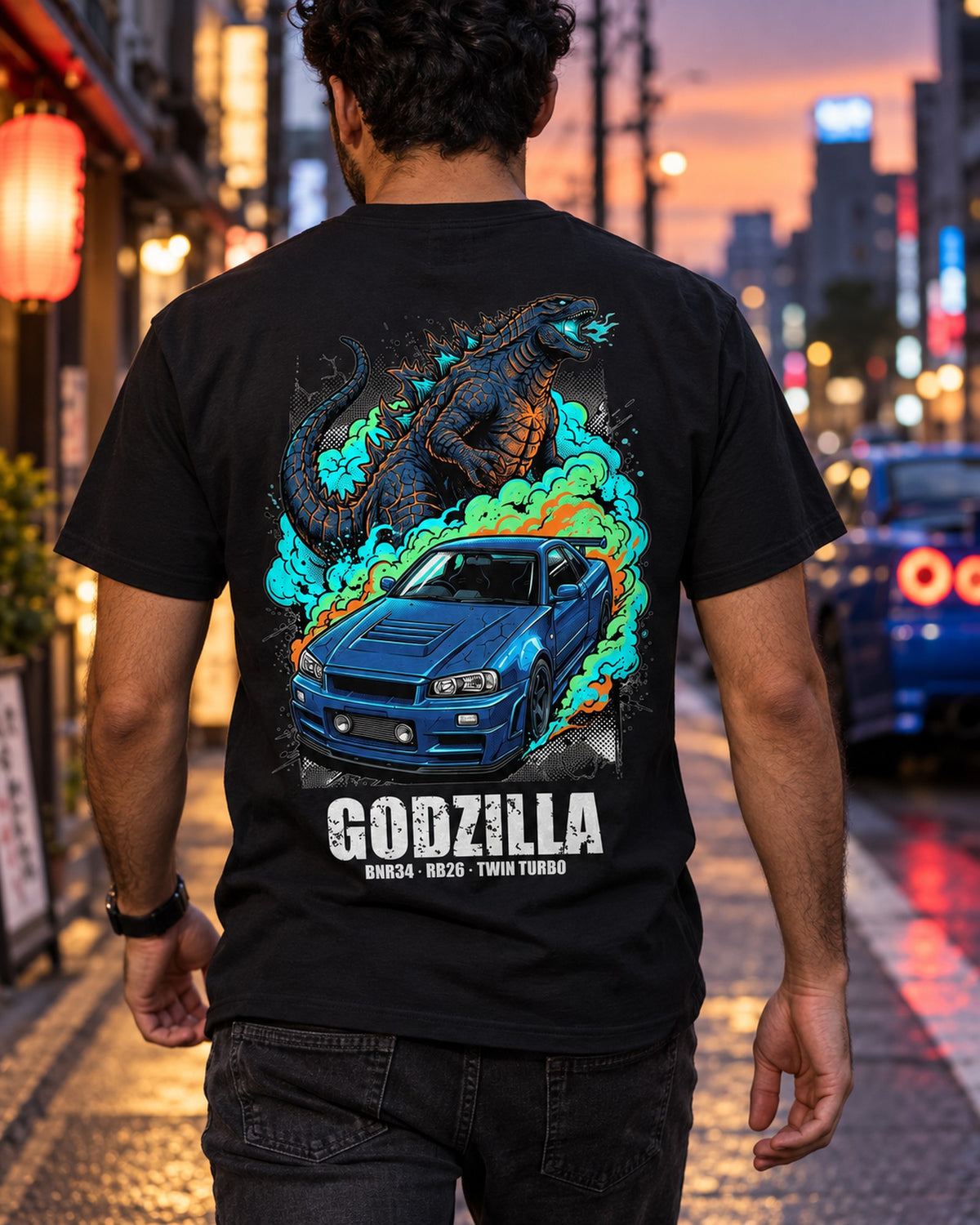 Nissan GT-R R34 Godzilla T-Shirt worn hero