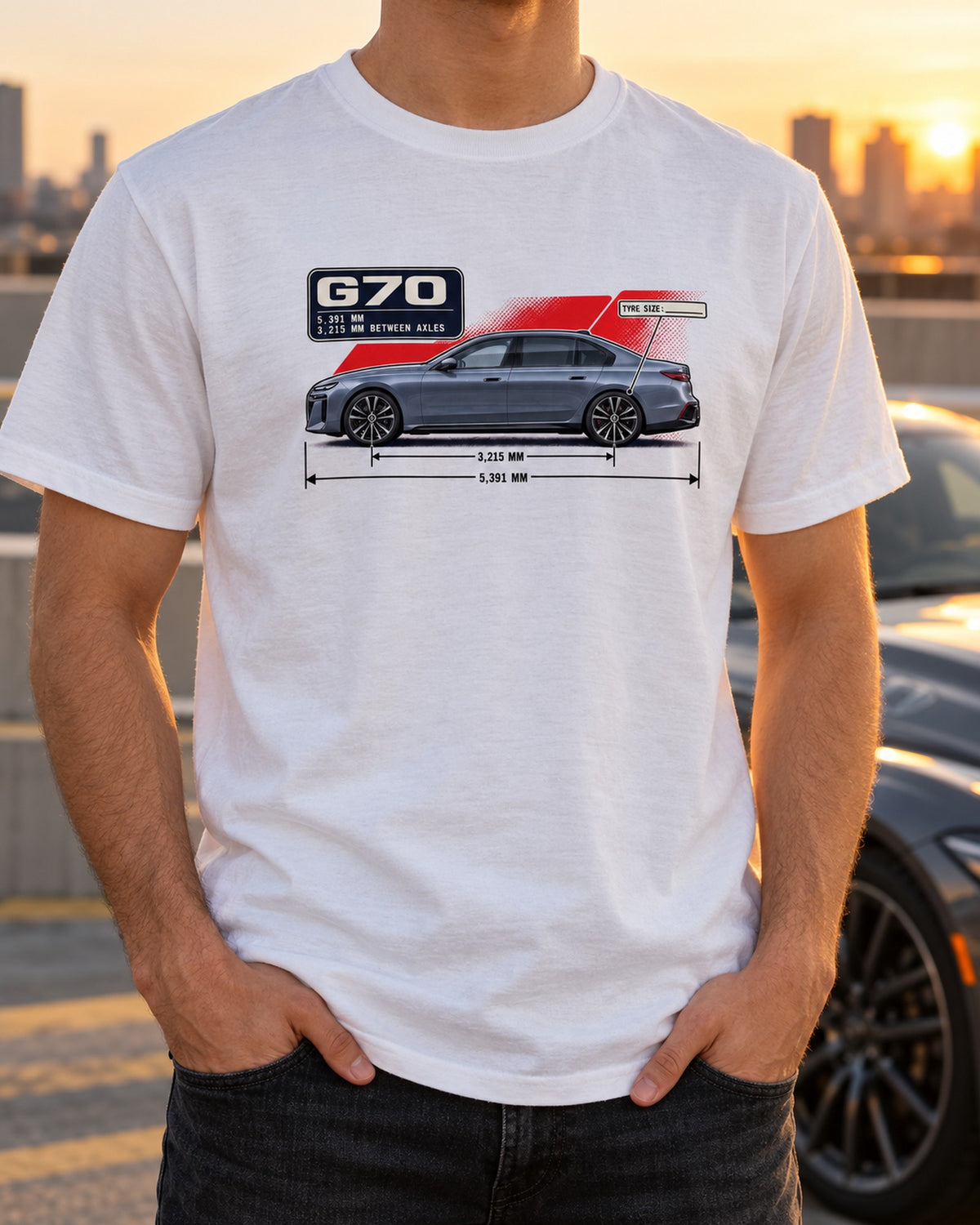 BMW i7 M70 xDrive G70 Dimension Blueprint Shirt T-Shirt White worn hero