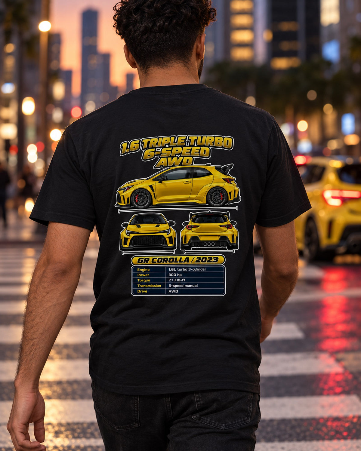 Toyota GR Corolla Spec Sheet Full-Back Graphic Tee T-Shirt Black worn hero