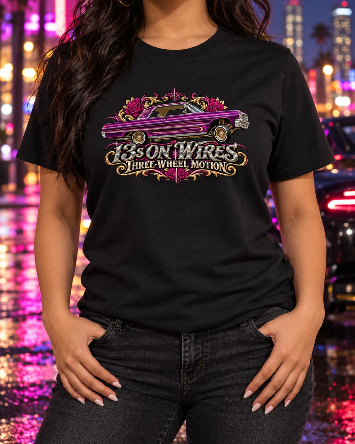 1964 Impala SS Lowrider Airbrush Shirt, 13s on Wires T-Shirt Black worn hero