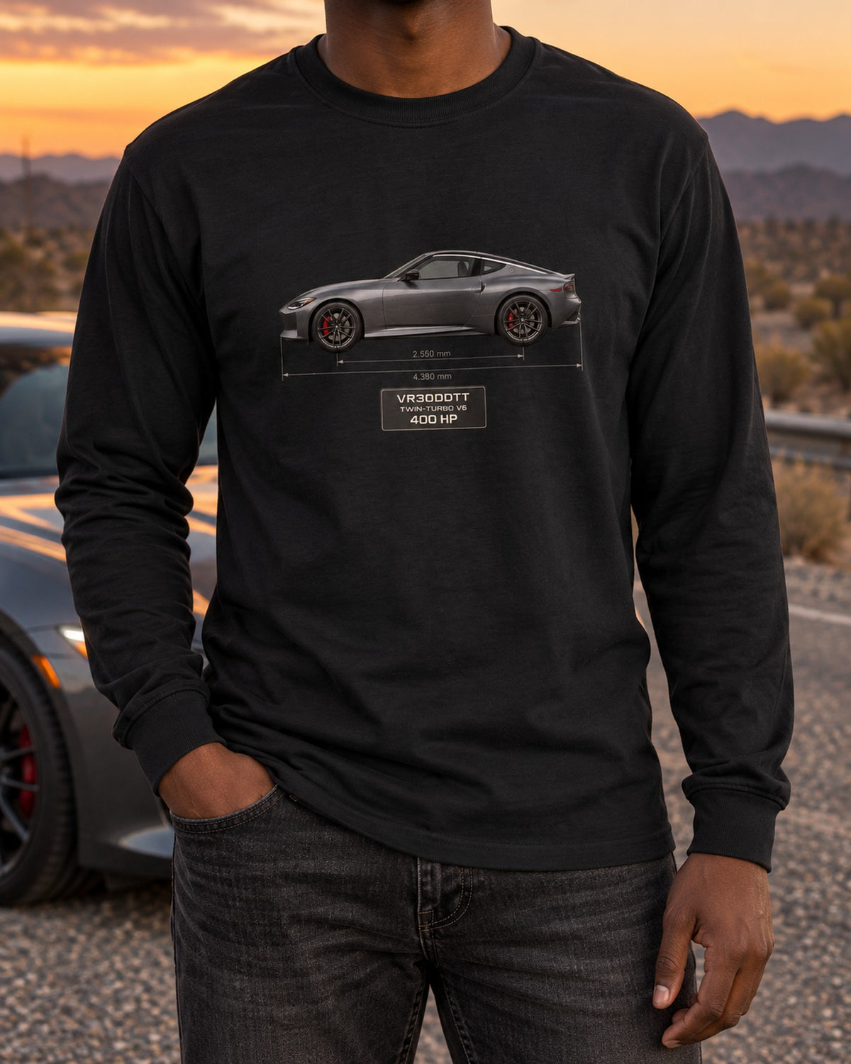 2024 Nissan Z NISMO Spec Panel Shirt, Dossier Print Long Sleeve Black worn hero