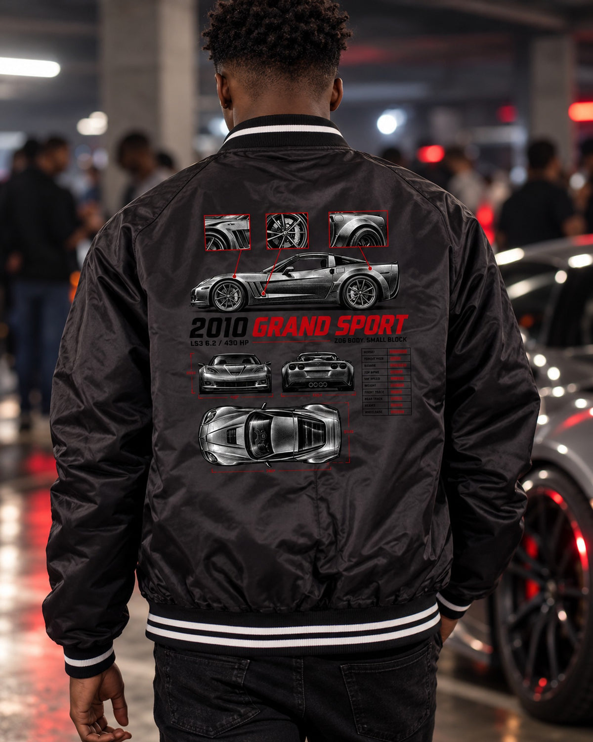 Corvette C6 Grand Sport 2010 Spec Poster Tee, LS3 430 HP Bomber Jacket Black worn hero