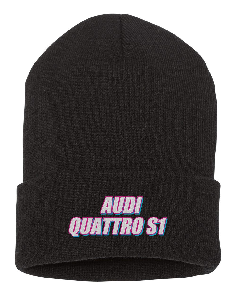 Audi Quattro S1 black beanie front view with car name