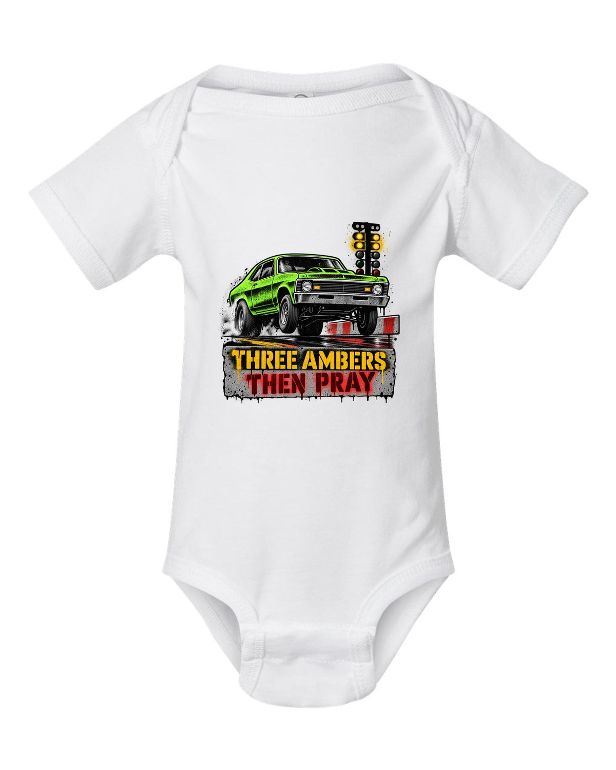 Stencil spray street art of a 1971 Chevrolet Nova at the drag strip starting line white baby onesie front view with the design