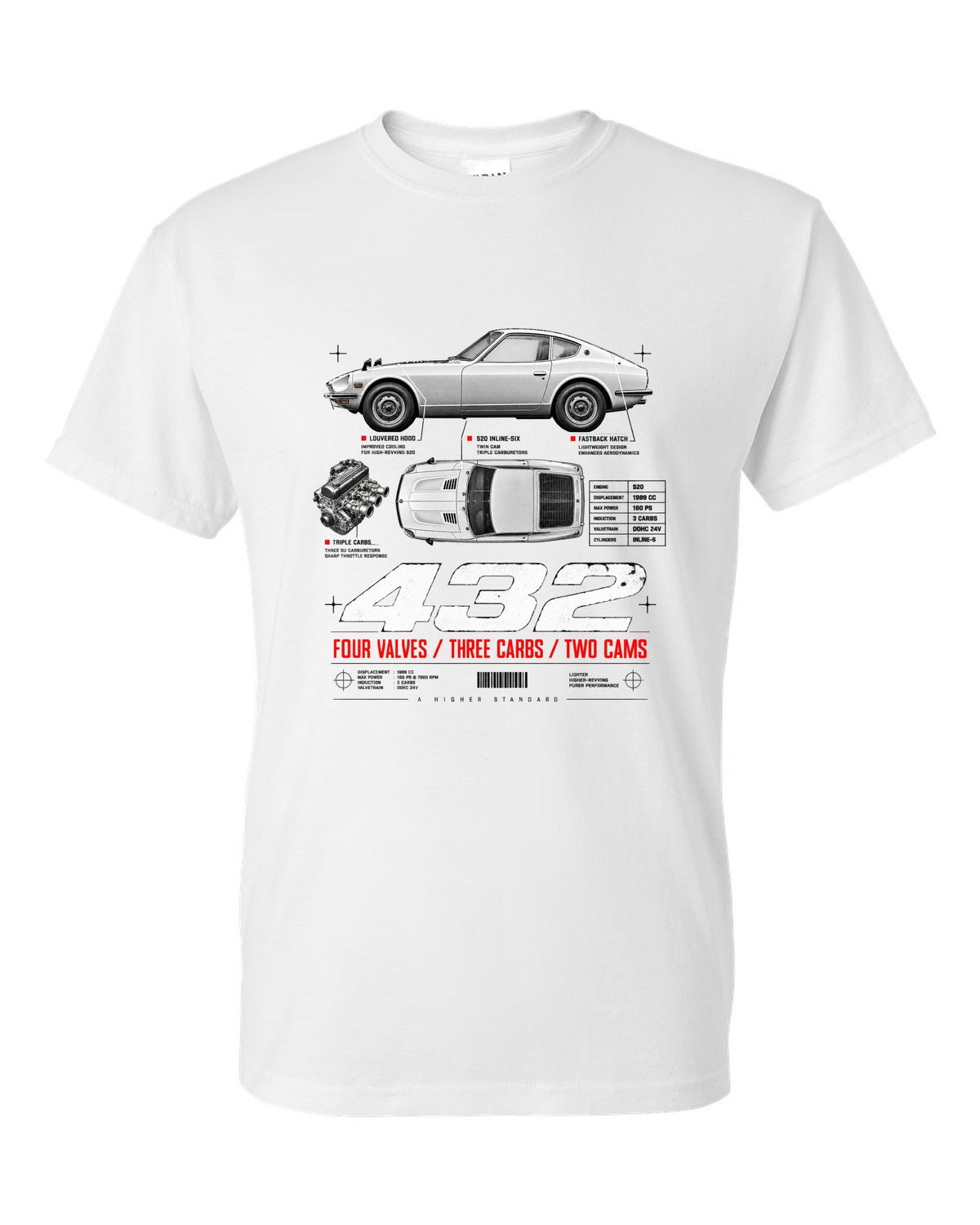 print spec poster of a 1970 Datsun Fairlady Z432 PS30 in profile and top-down view white t-shirt front view with the design
