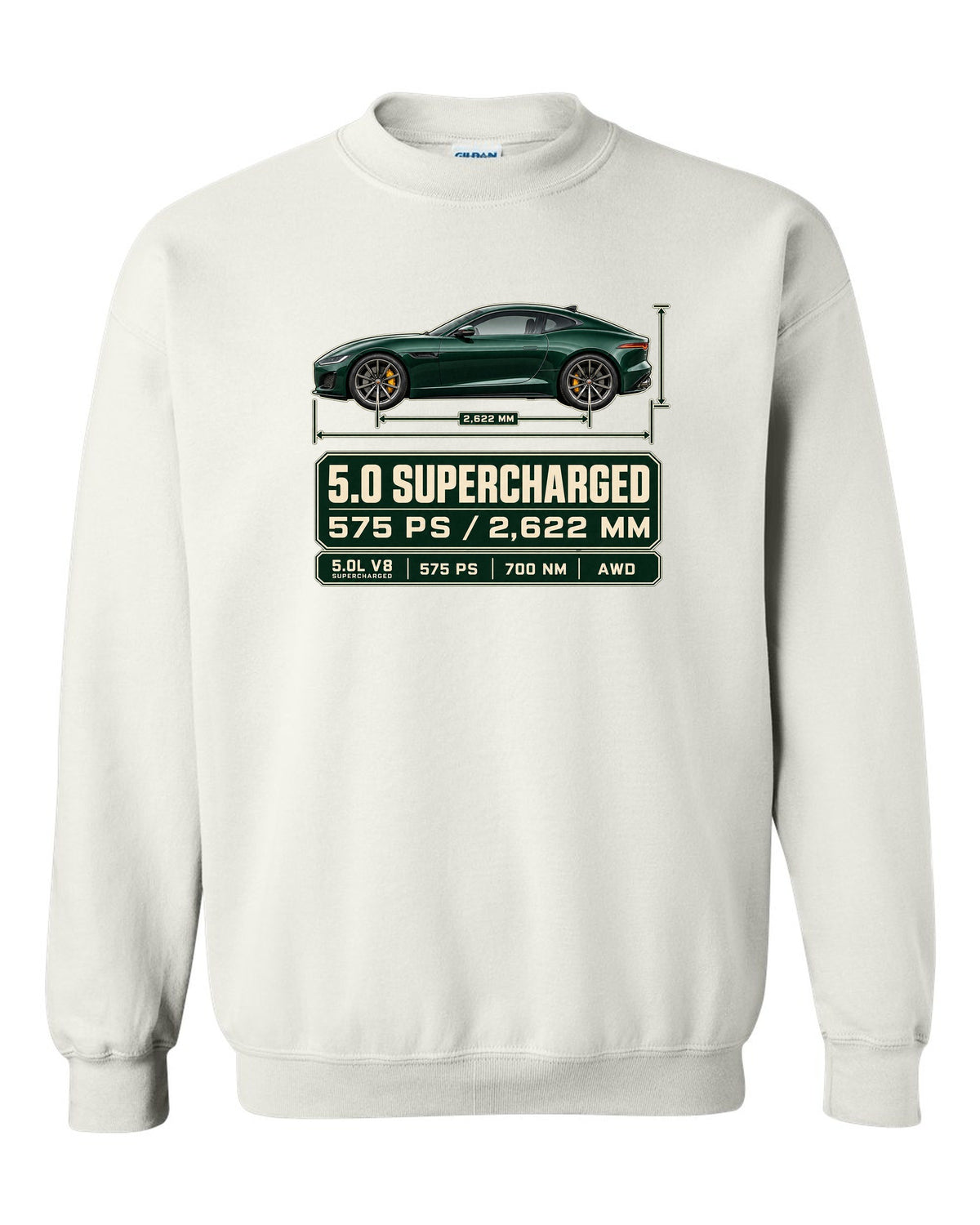 Spec poster print of the Jaguar F-Type R Coupe with 5.0 supercharged and 575 PS text white crewneck front view with the design
