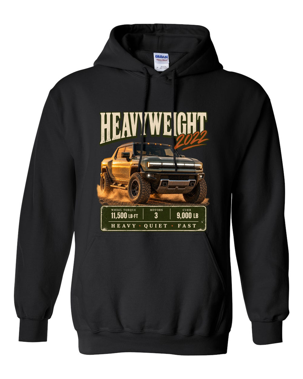 Full colour GMC Hummer EV 2022 three-quarter front archive panel design black pull over hoodie front view with the design