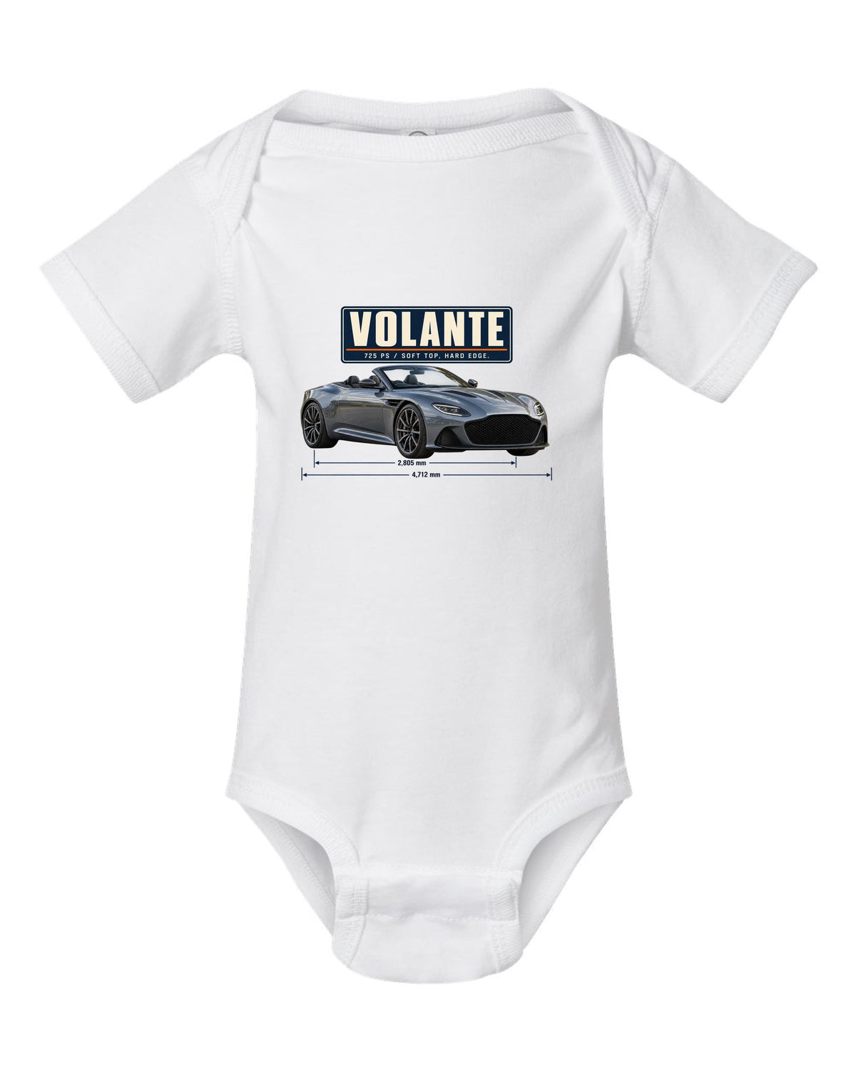 Aston Martin DBS Volante 2019 top-down editorial headline print with 725 PS text white baby onesie front view with the design