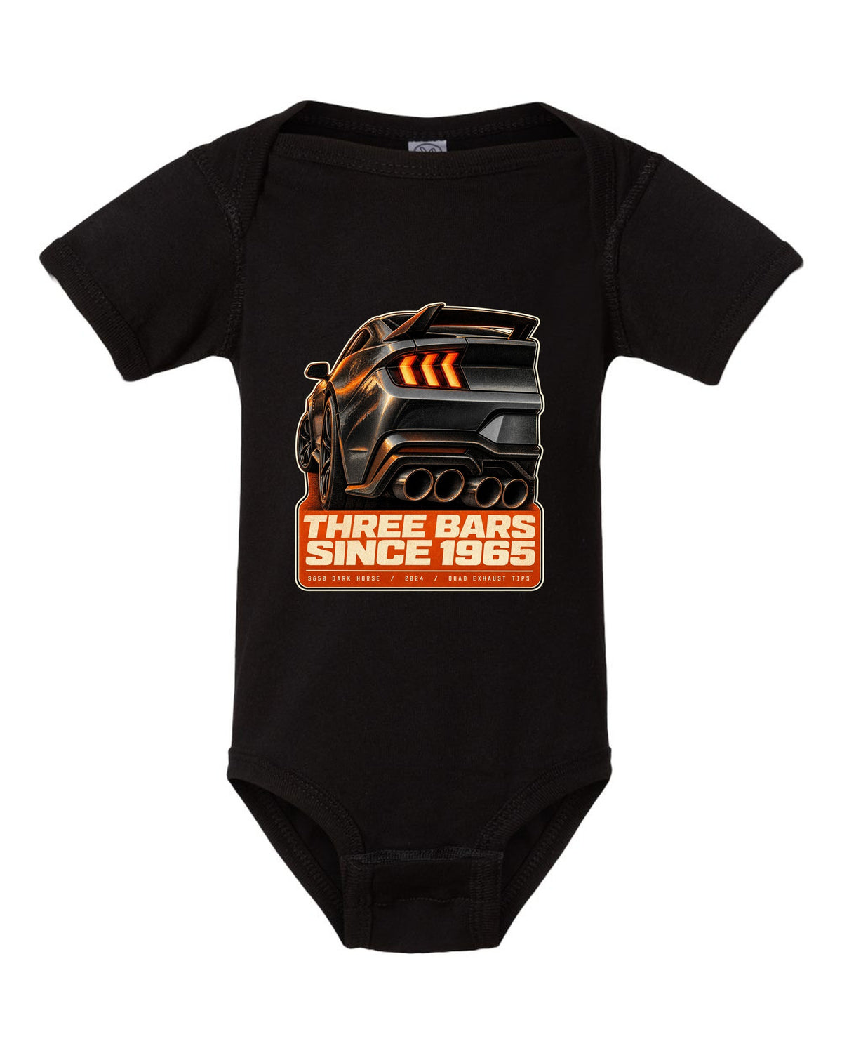 Ford Mustang S650 Dark Horse taillight macro print with quad exhaust tip text black baby onesie front view with the design
