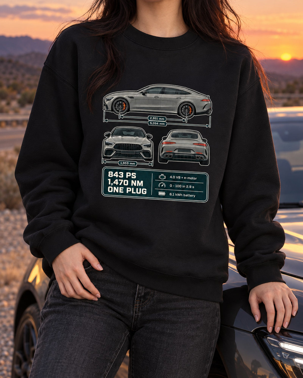 AMG GT 63 S E Performance 4-Door Three-View Spec Table Shirt Crewneck Black worn hero
