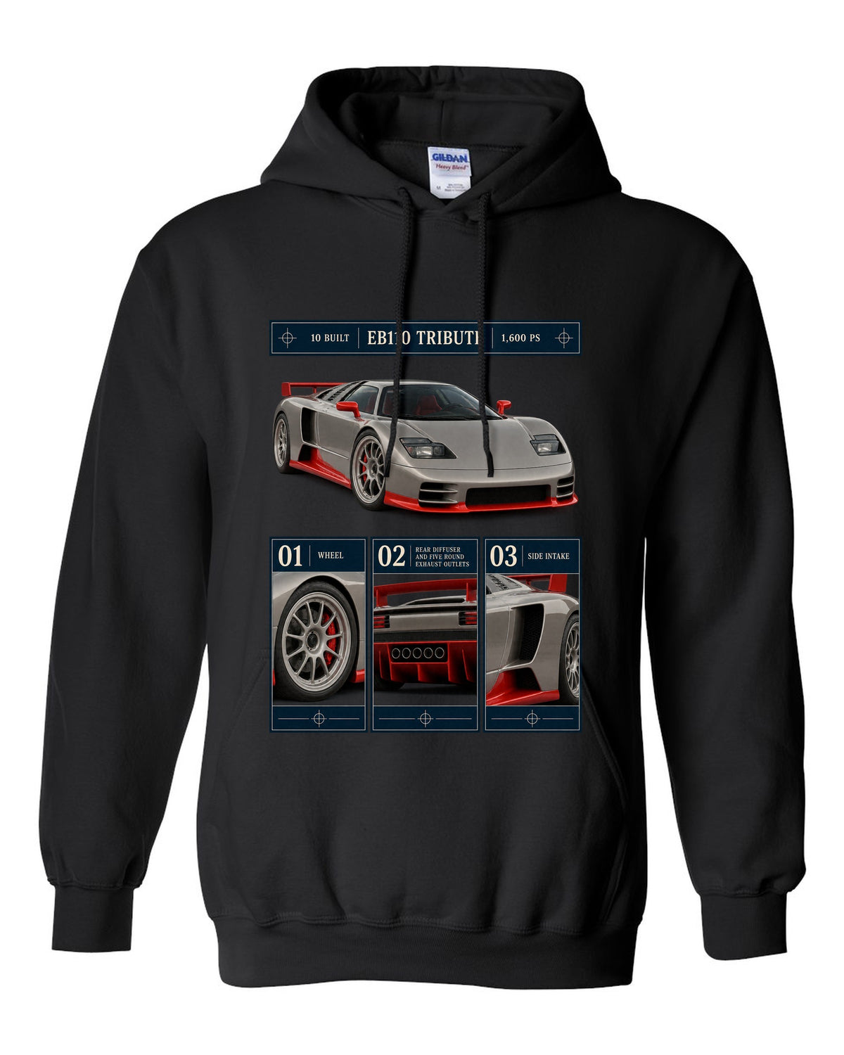 Bugatti Centodieci dossier panel print noting EB110 tribute and 10 built black pull over hoodie front view with the design