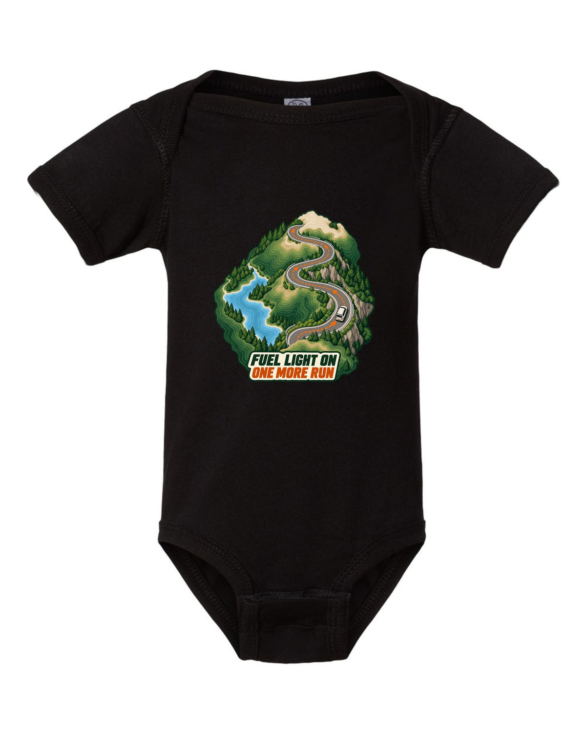 Topographic route map print of a Toyota Corolla Levin AE86 with Fuel Light On lettering black baby onesie front view with the design