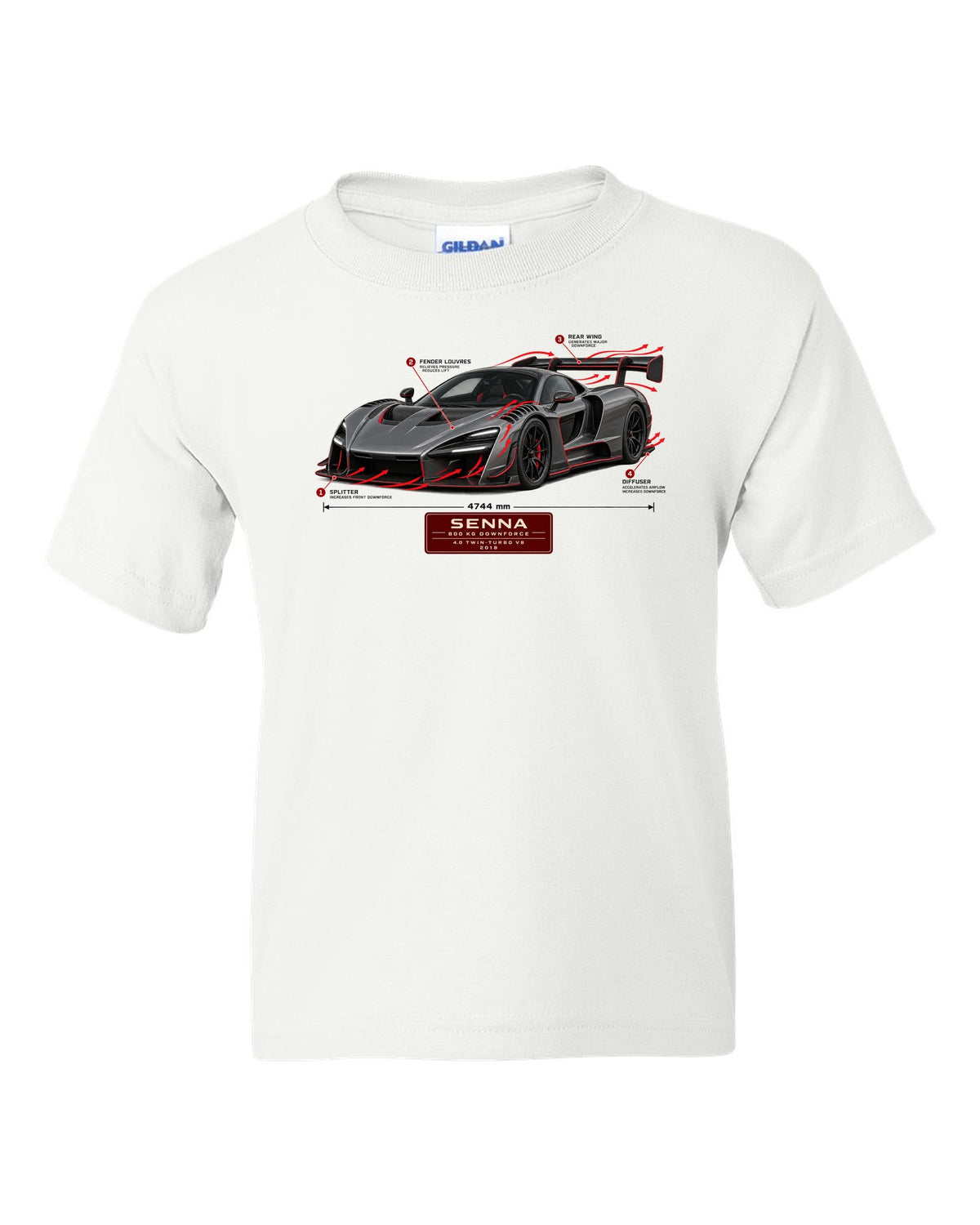 Aero callout print of a McLaren Senna showing 800 kg downforce white kids tee front view with the design