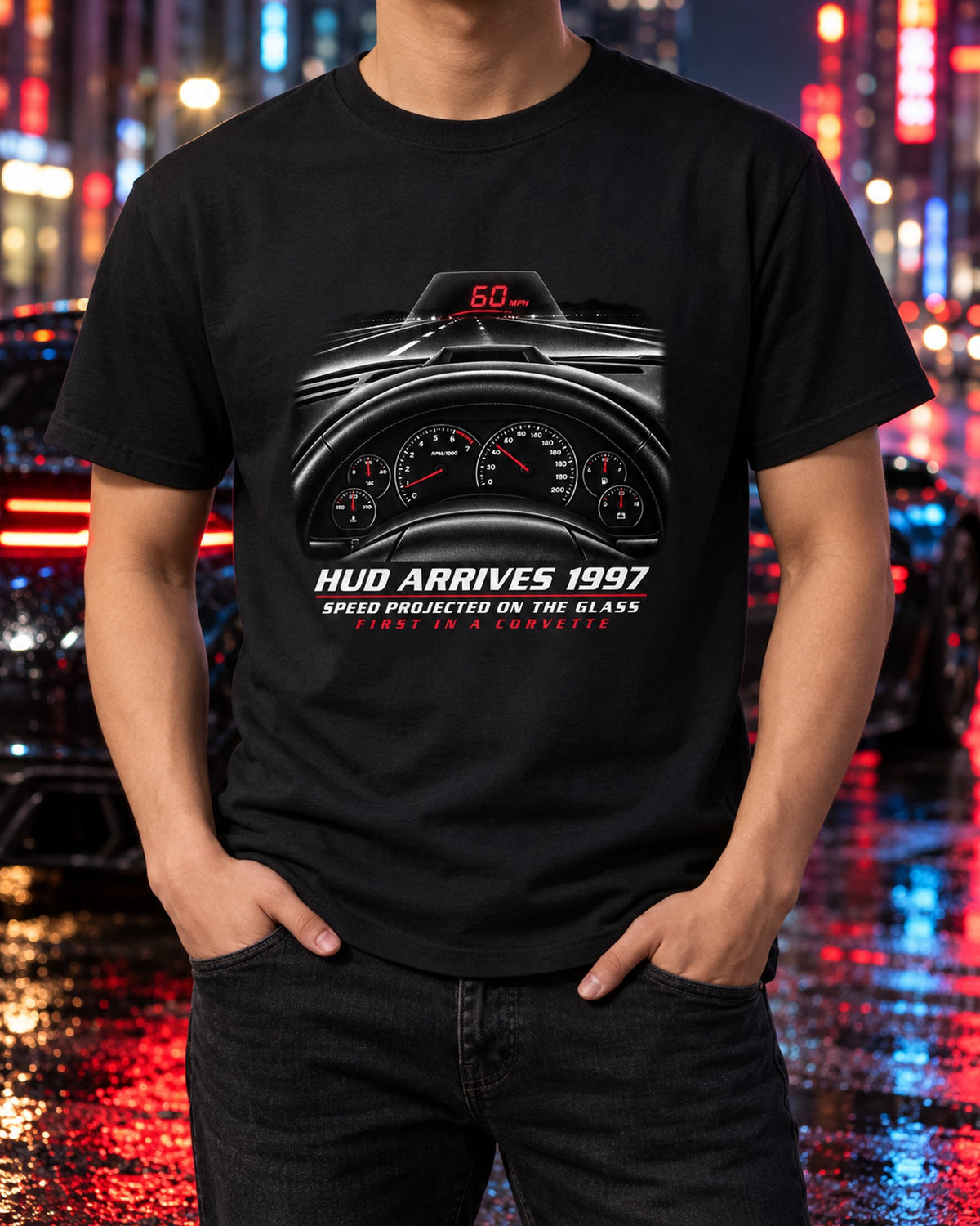 Corvette C5 Head-Up Display Cockpit Graphic Tee for Car Guys T-Shirt Black worn hero