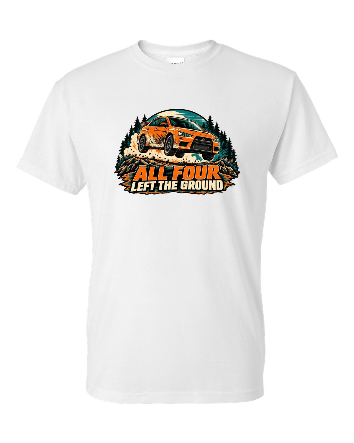 Flat vector minimalist print of the Mitsubishi Evo X CZ4A with aluminium block 291 HP text white t-shirt front view with the design