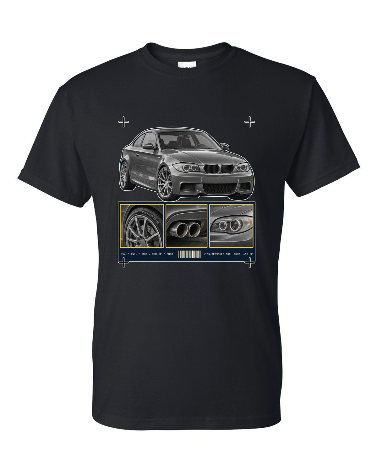 BMW 135i E82 coupe dossier panel print with N54 specs black t-shirt front view with the design