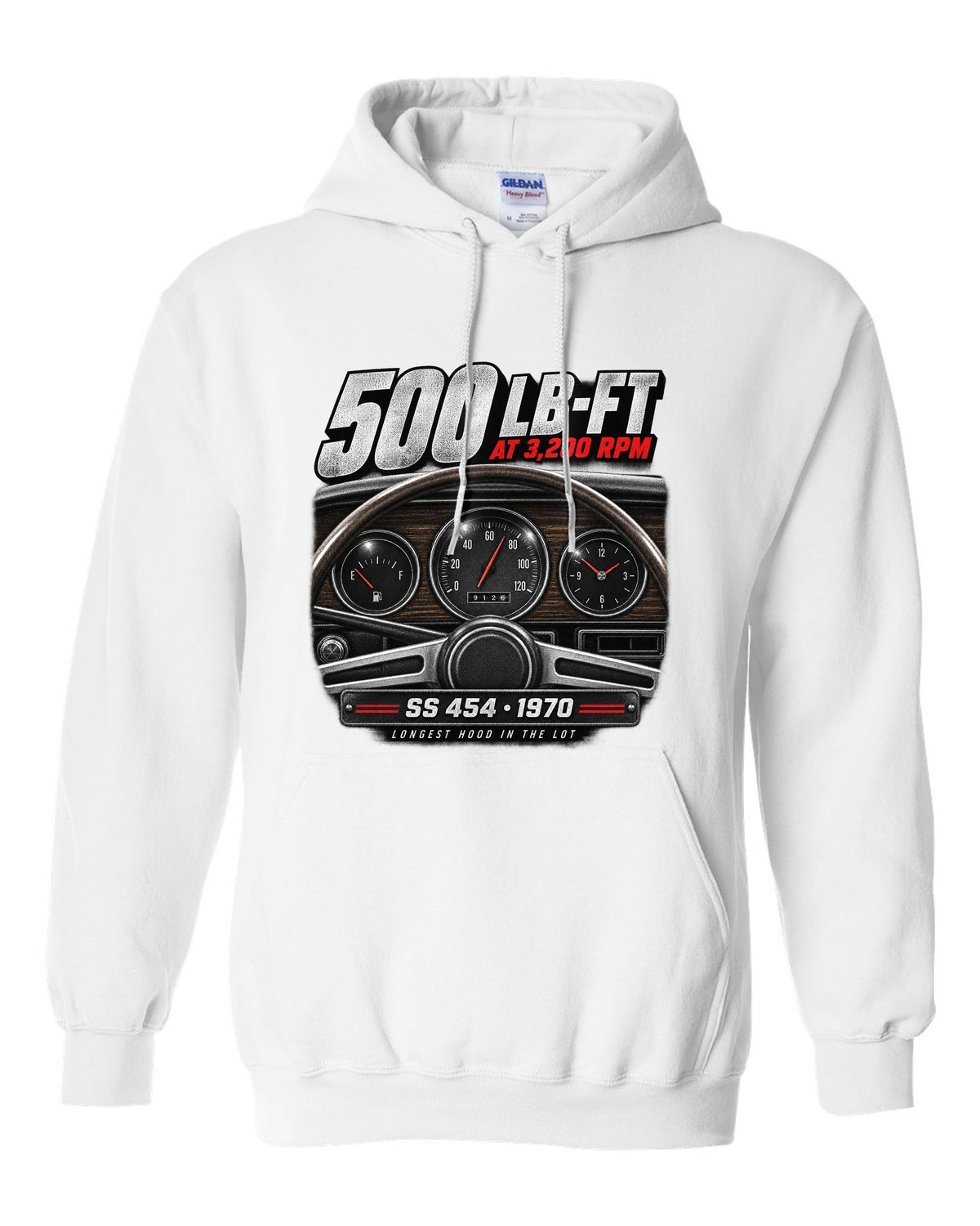 1970 Monte Carlo SS 454 gauge cockpit print with 500 lb-ft torque text white pull over hoodie front view with the design