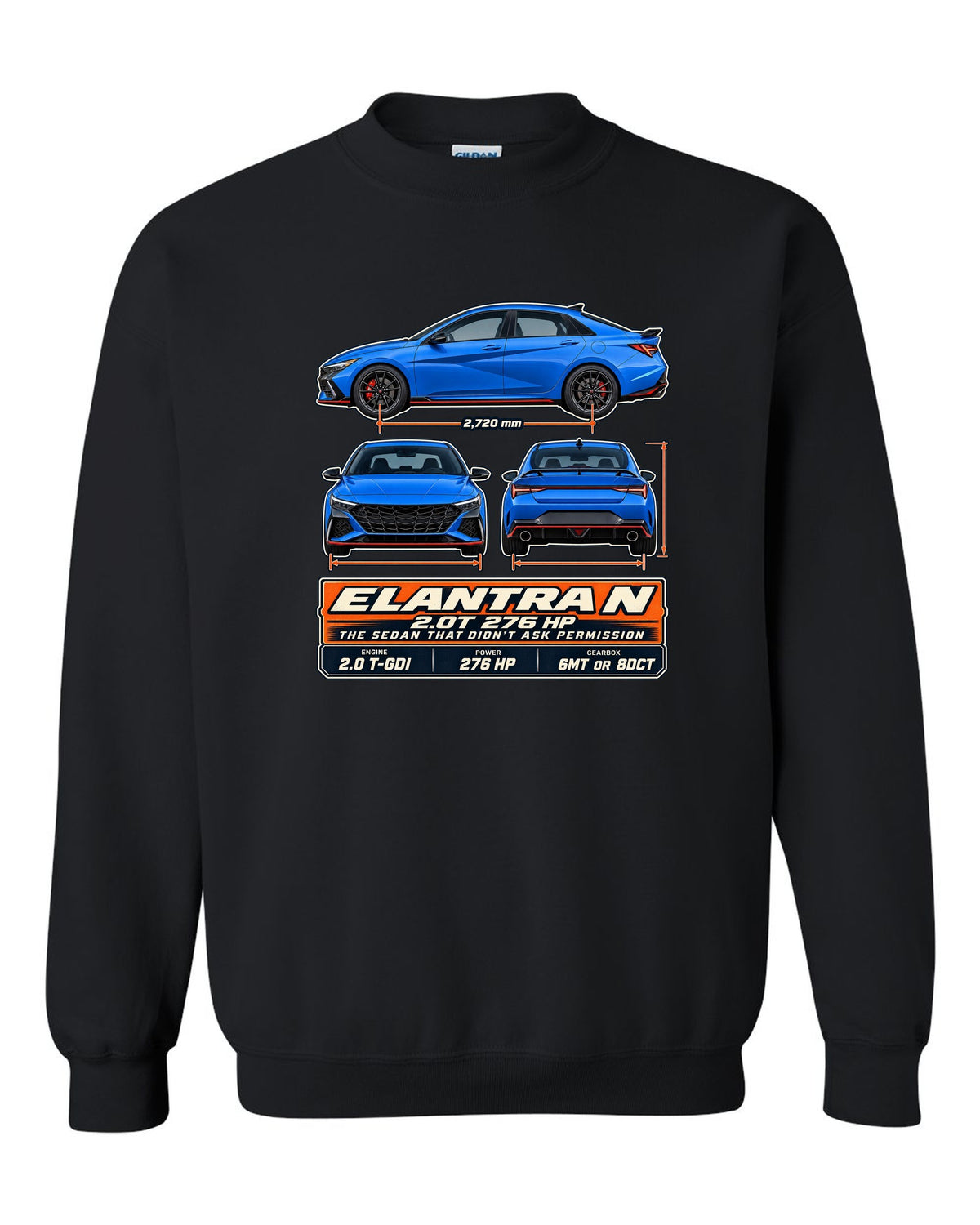 Hyundai Elantra N CN7 three-view drawing with spec table, print black crewneck front view with the design