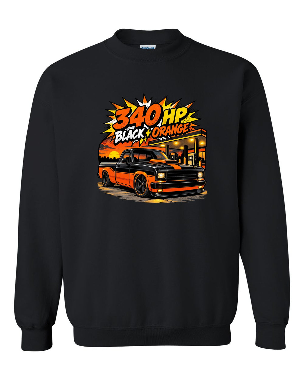 Ford F-150 SVT Lightning Harley edition in a comic halftone pop-art print black crewneck front view with the design