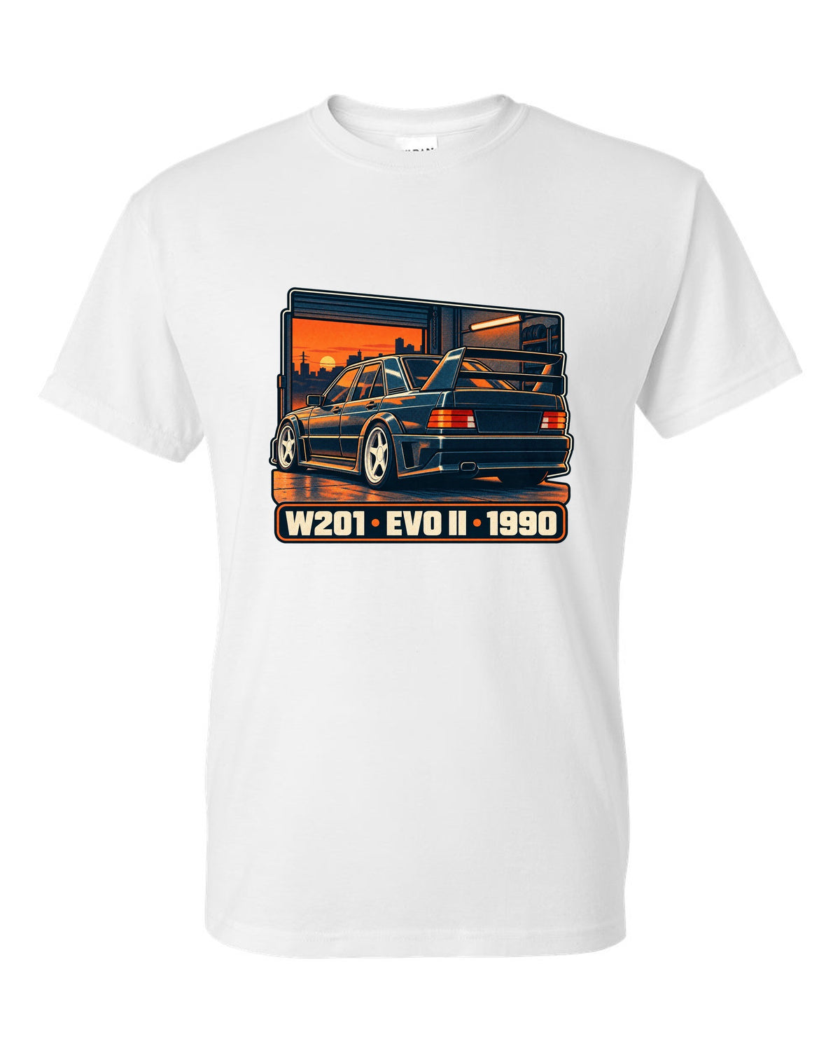 Risograph two-colour halftone print of a Mercedes-Benz 190E Evo II W201 in a garage at dusk white t-shirt front view with the design