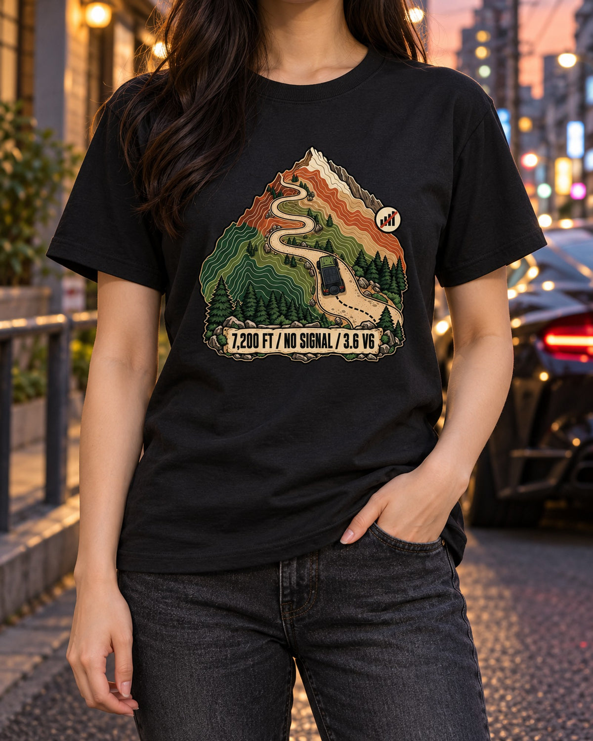 Jeep Wrangler JK Switchback Topographic Route Map Shirt, 3.6 V6 T-Shirt Black worn hero