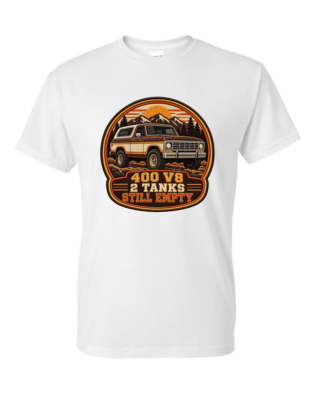 Varsity crest print for a 1978-79 full-size Ford Bronco with 400 V8 and two tanks text white t-shirt front view with the design
