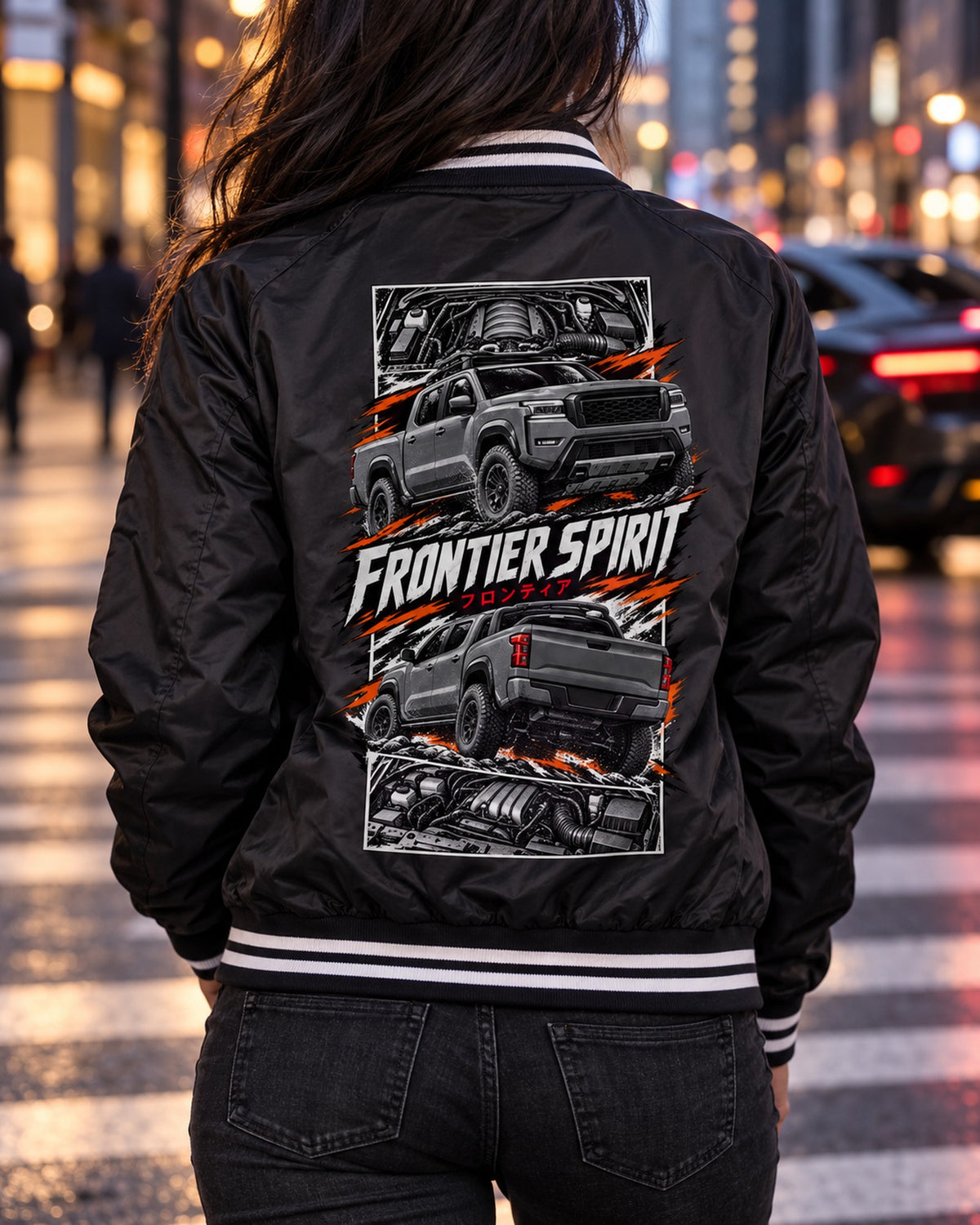 Nissan Frontier Torn Poster Full-Back Graphic Tee Bomber Jacket Black worn hero