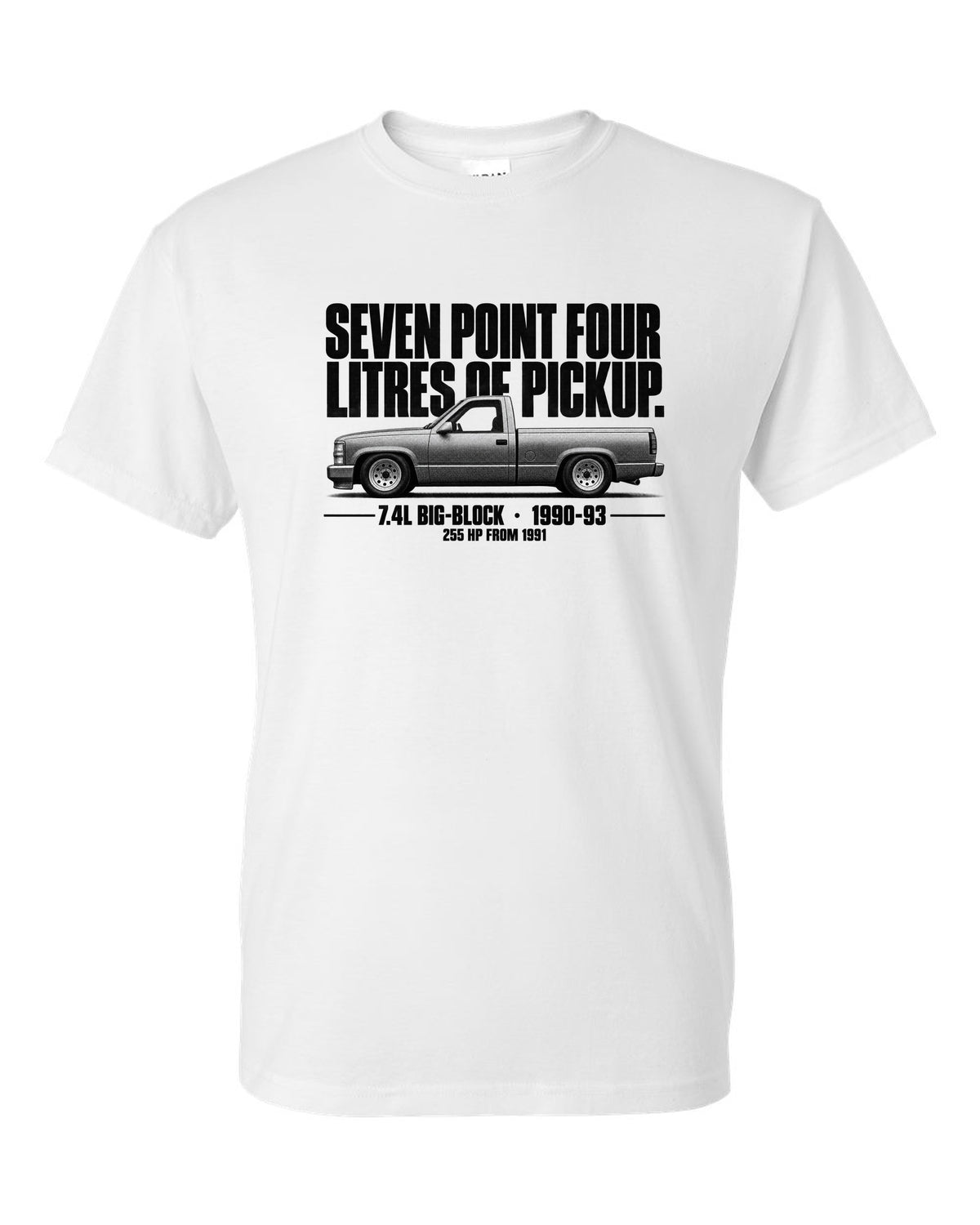 Chevy 454 SS Pickup Halftone Profile white t-shirt front view with the design